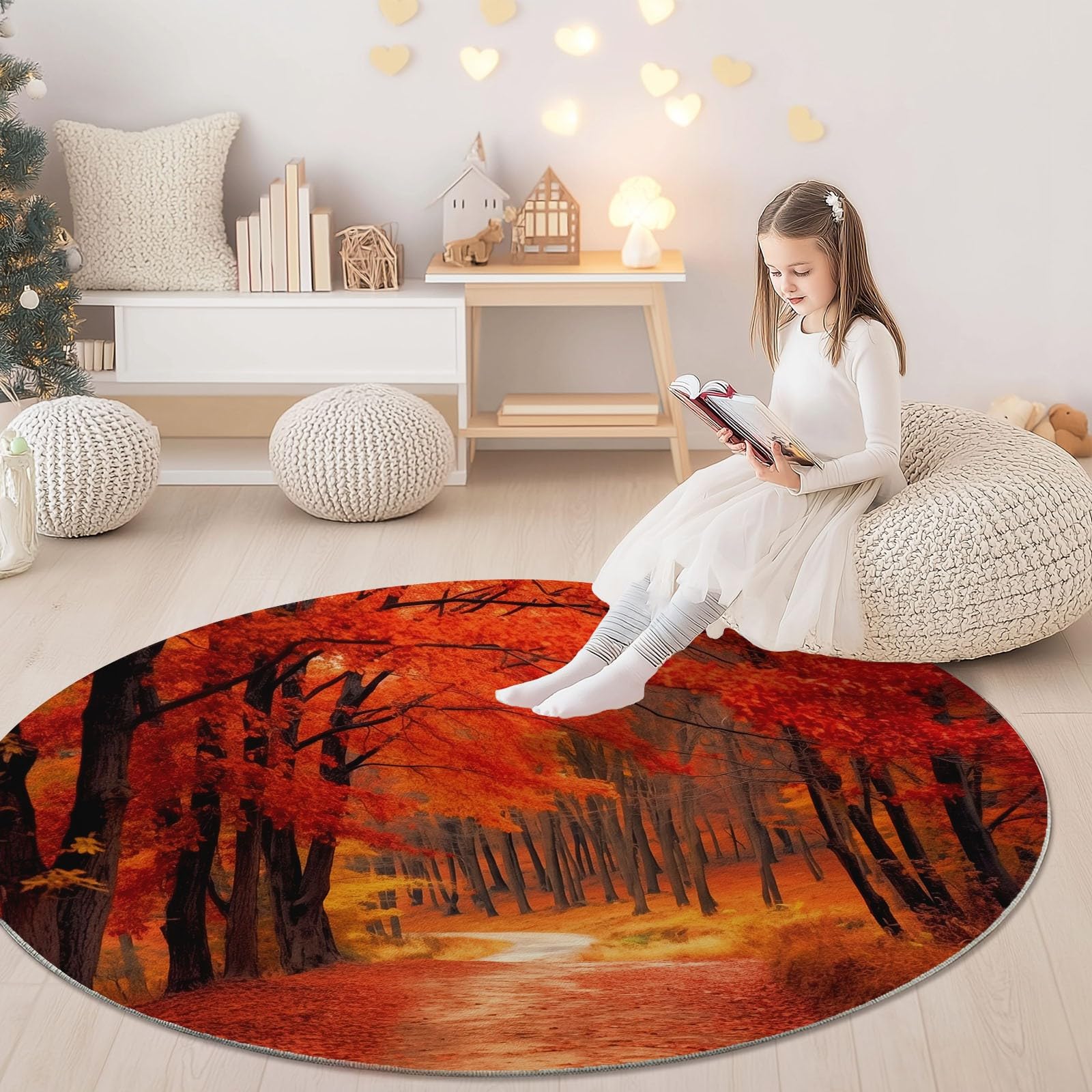 Generisch Okrągły dywan w stylu fotograficznym, 120 cm, antypoślizgowy, z motywem natury, lasu, liści, do salonu, bardzo miękki, puszysty okrąg do sypialni, jadalni, czerwony