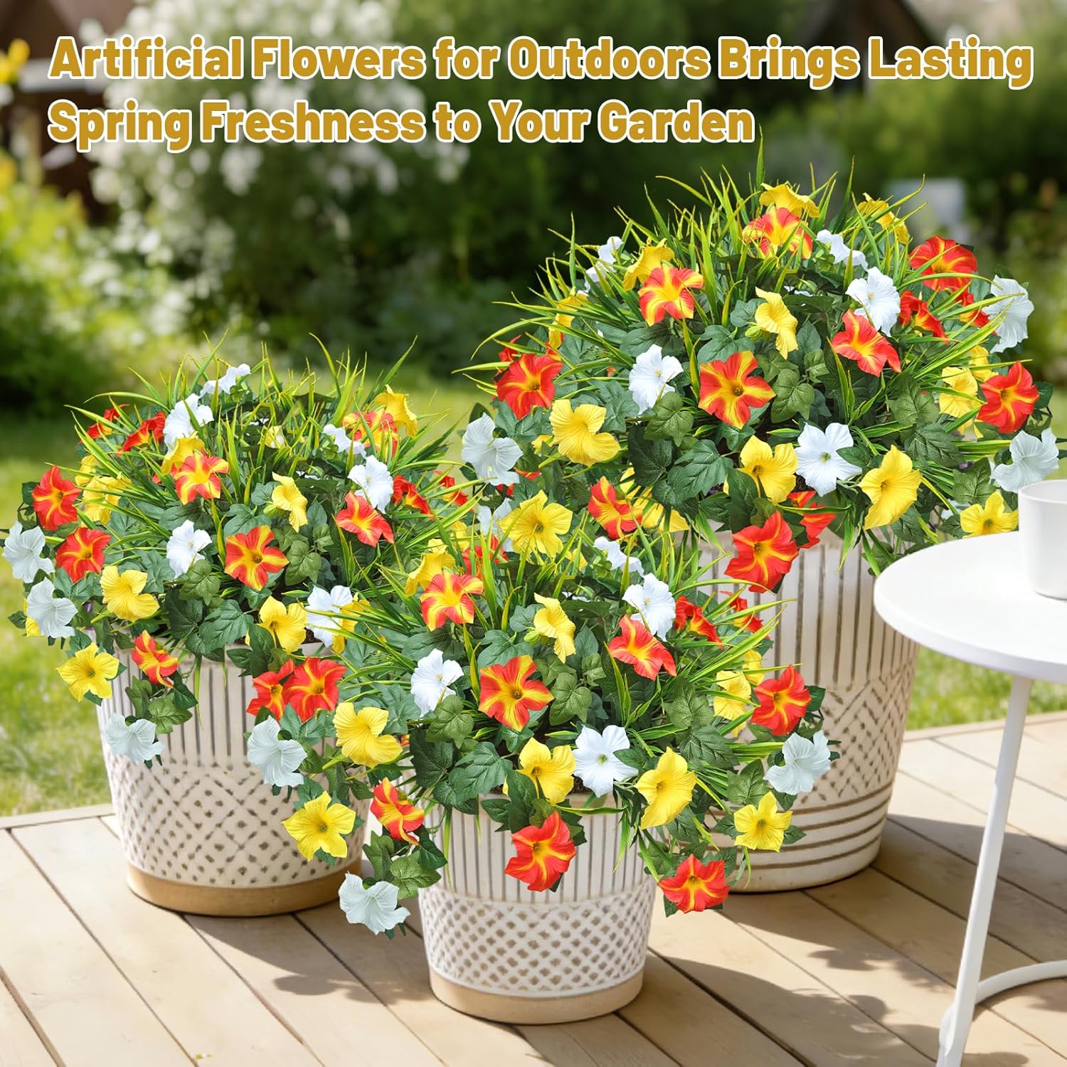Artificial Flowers Plants for Outdoors, 6PCS UV Resistant Faux Flowers Outdoor Plants, Fake Petunias Silk Flowers for Garden Balcony Yard Porch Decor (Yellow Orange White)