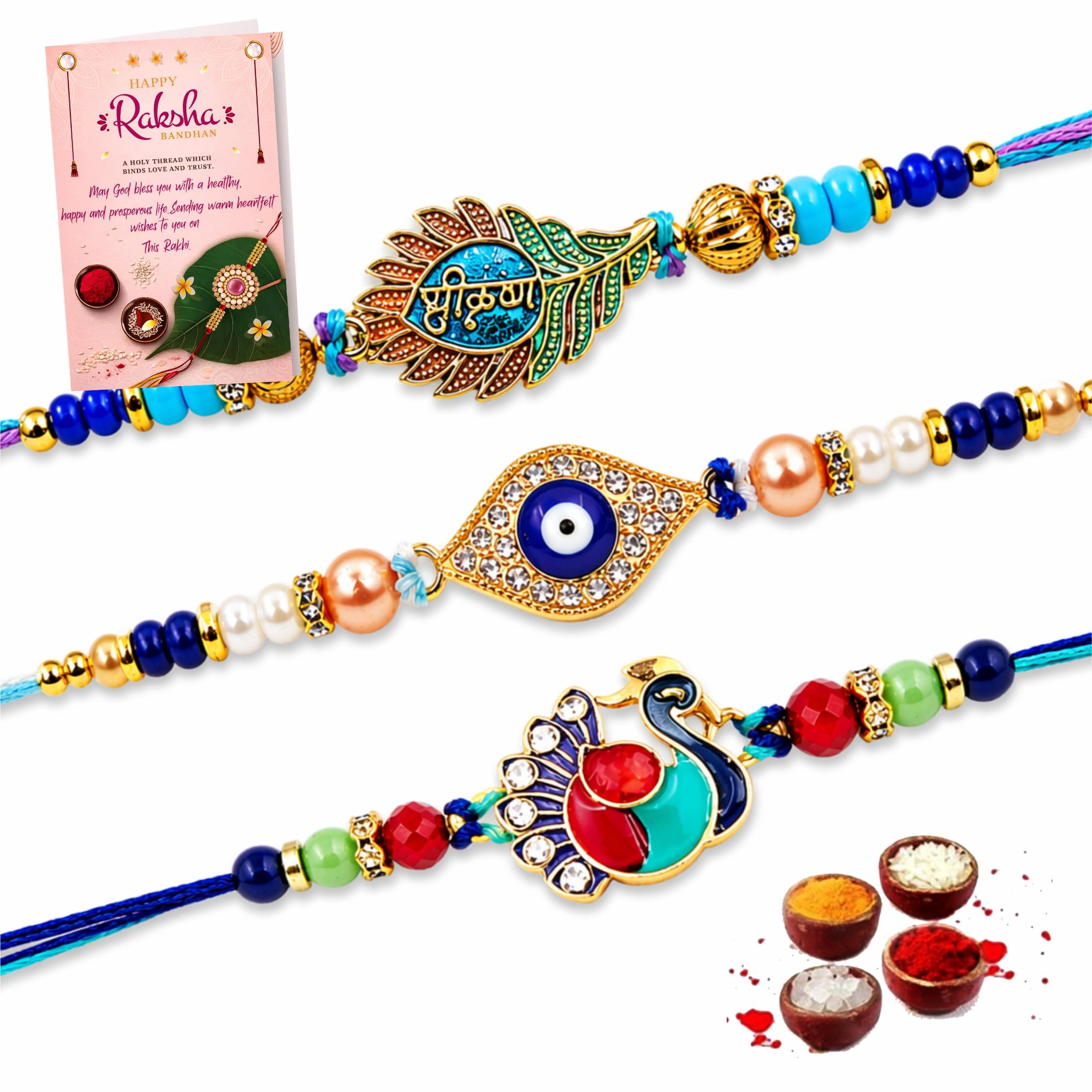 Rakhi Set for Brother Pack of 3 Designer, Adorable Glorious Peacock n Evil Eye,Krishna Ji Rakhi Combo of 3 for Bhai/Bhaiya,Men,Boys,Elder or Little/Small Bro with Rakshabandhan Greeting Card,Roli,Tikka Set-image-46