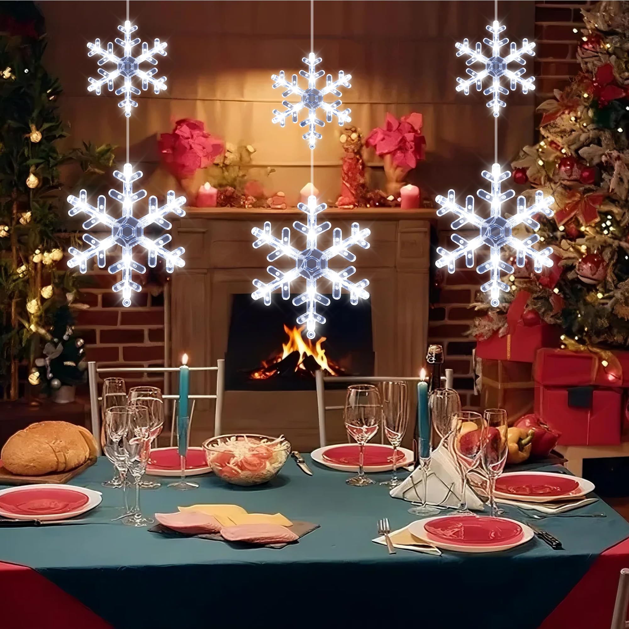 Lot de 3 décorations de fenêtre de Noël en forme de flocon de neige avec ventouse, LED à piles à suspendre pour intérieur ou extérieur