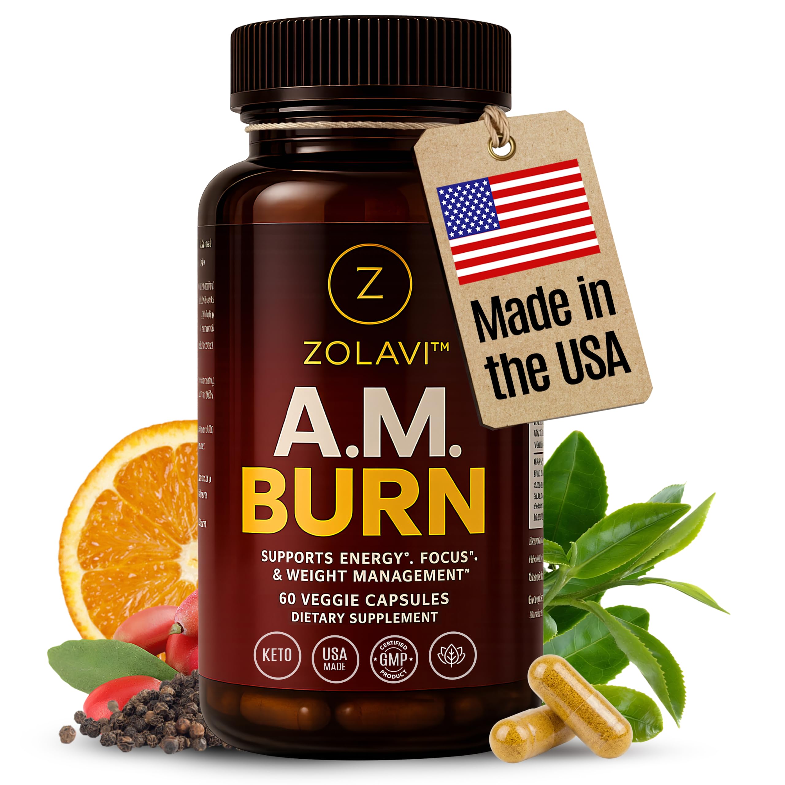 A.M. Burn Weight Management Supplement | Berberine HCl 500mg + Chromium Picolinate + Green Tea Extract + BioPerine | Energy & Metabolism Support | USA Made, GMP Certified | 60 Vegetarian Caps