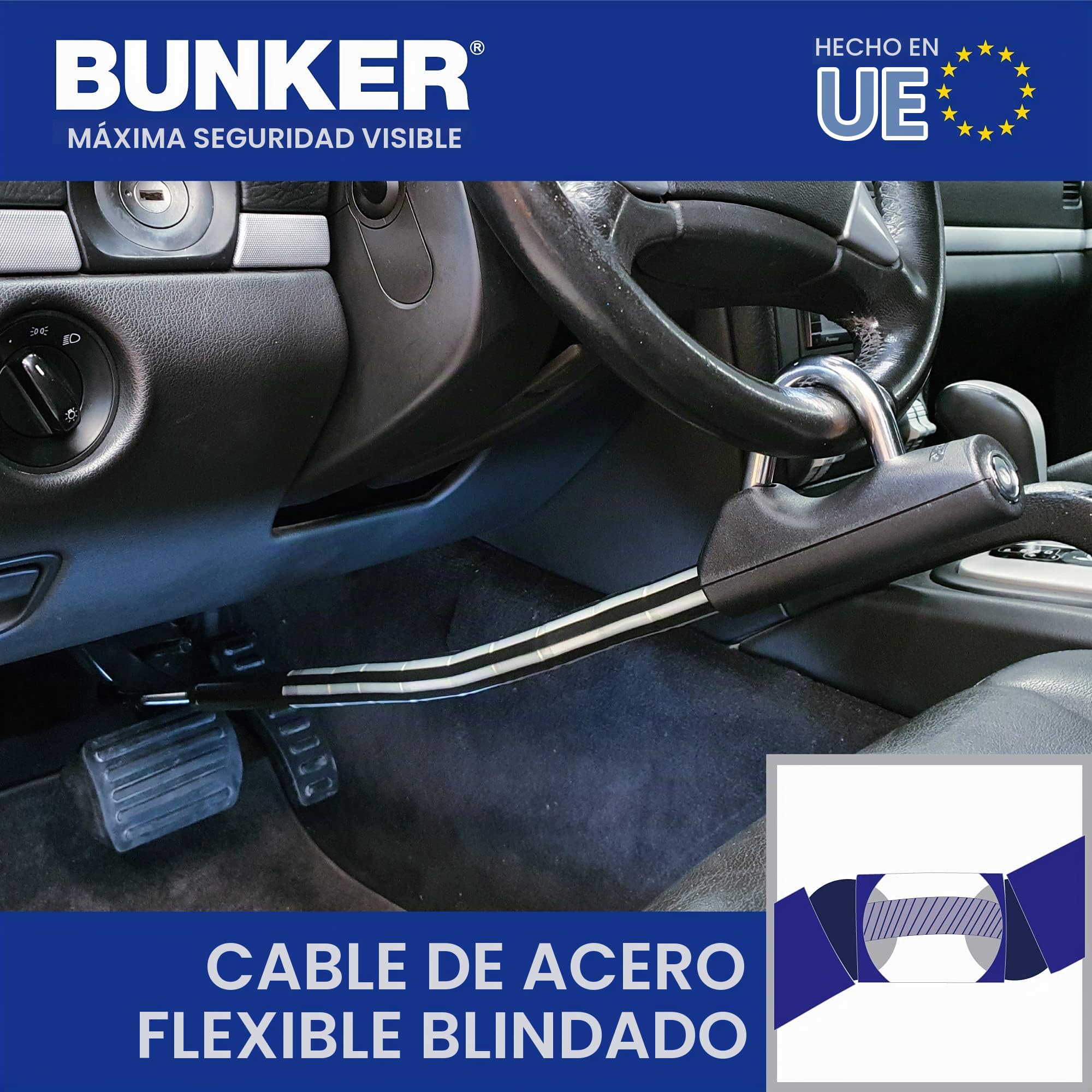 Bunker BP80/B Antirrobo Coche Flexible Alta Gama Volante Pedal, Blindado Articulado, Cierre Basculante Endurecido, Bloqueo Inmovilizador Antirobo Freno Embrague para Auto, Furgoneta, Caravana Camper