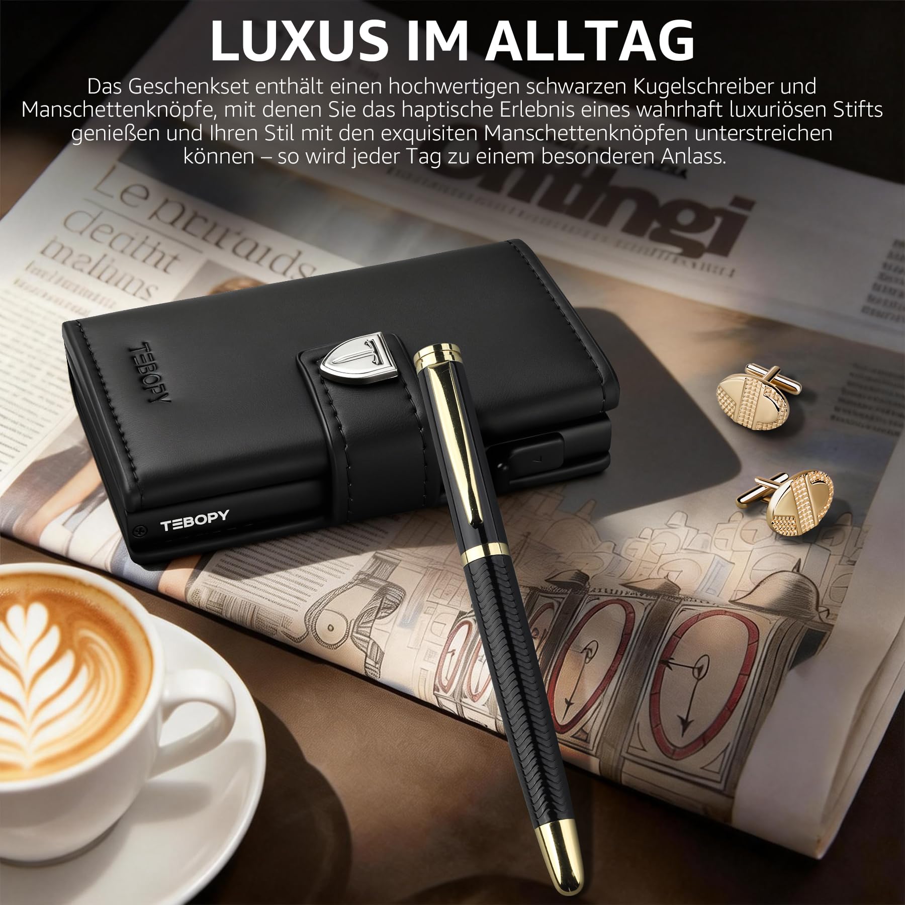 Geldbörse Herren - Portmonee Herren Set mit Kugelschreiber & Manschettenknöpfe, Slim Wallet mit RFID Schutz & Münzfach, Luxus Geldbeutel Kartenetui für 10 Kreditkarten, Premium Portemonnaie