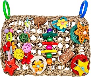 Parrot Toys BudgieToys and Accessories, Bird Toys Foraging Wall with Various Colorful Cockatiel Chewing Toys, Edible Seagrass Woven Climbing Hammock Mat for African Grey Parakeets Conures Lovebirds