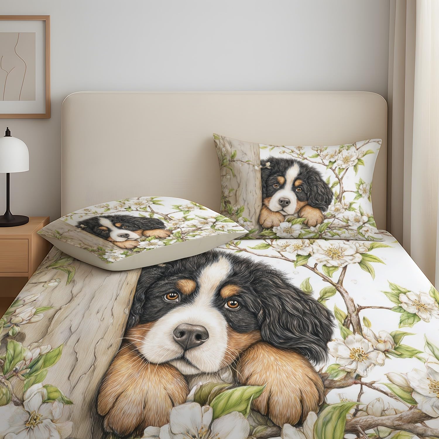 Süß Hunde Spannbetttuch Kindlich Tier Blumen Spannbettlaken 200 x 200 x 30 cm 3teilig Mikrofaser Bettwäsche Set mit 2 Kissenbezüge 80 x 80 cm Kein Flachbettlaken