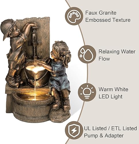 Miniatura 4 de Glitzhome Fuente de piso de agua al aire libre cascada decoración de jardín con bomba y luces LED, bronce