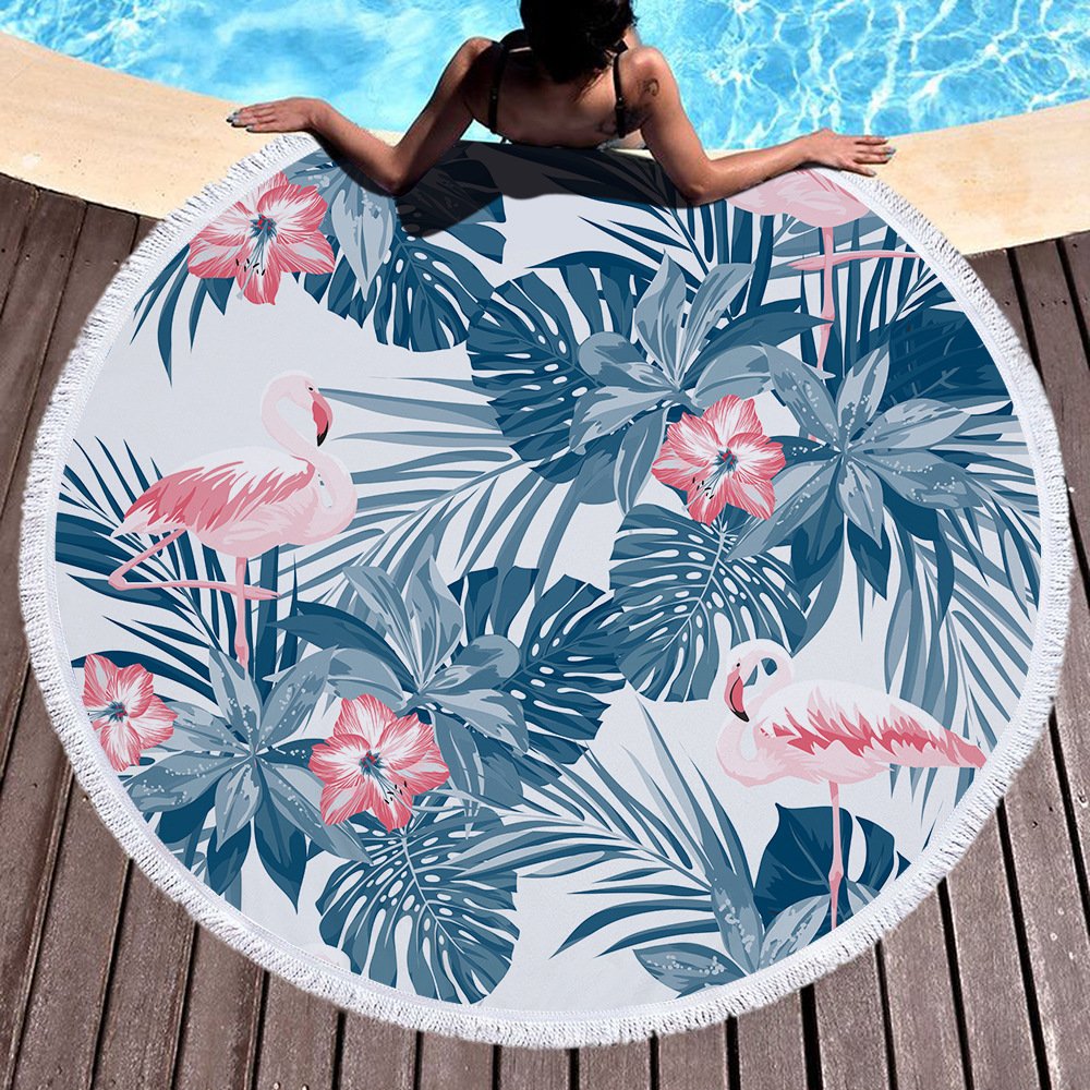 EORUBERound Beach Towel Oversized Blanket Palm Leaves Tropical Style Flamingo Print Microfiber Large Round Towel Picnic Mat Super Water Absorbent Towel 59 Inches Diameter (Flamingo - Style 1)
