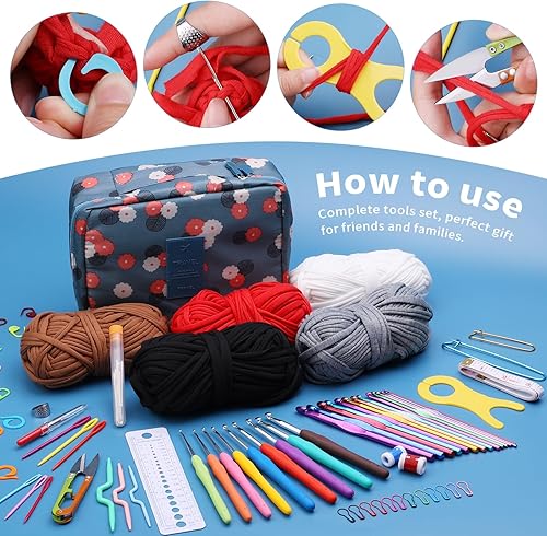 Miniatura 7 de Pnytty Kit de ganchillo para principiantes, kit de 107 piezas de ganchillo para principiantes para adultos con hilo de camiseta fácil de 17.64 oz,