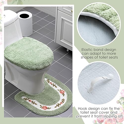Miniatura 4 de Juego de 3 alfombras de baño con rosas y flores, decoración de habitación, alfombra de baño floral en forma de U, antideslizante, absorbente,