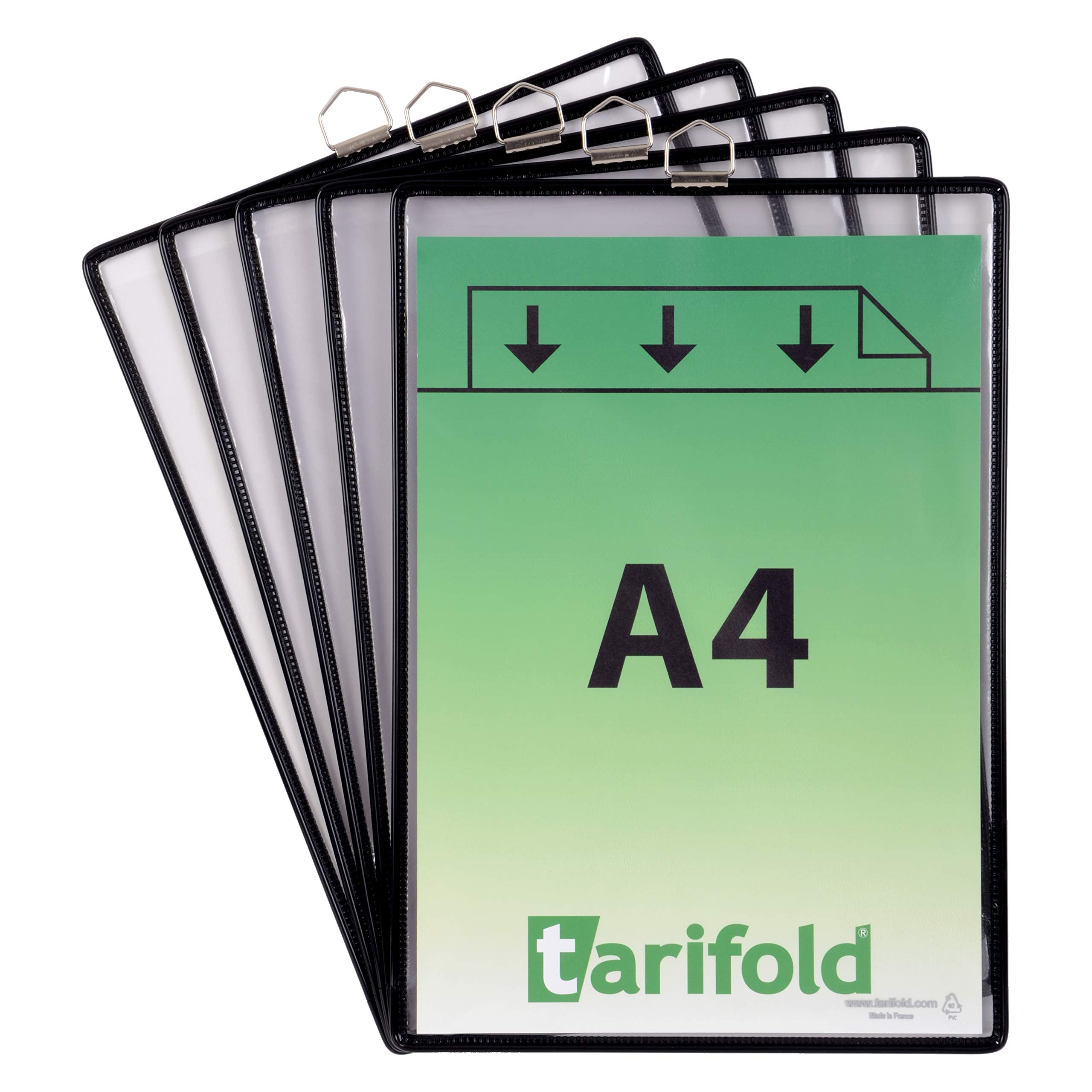 Tarifold Fr 154507 Pack of 5 PVC Pockets with Metal Handle for A4 Document Display and Protection, Strong Steel Wire Frame, Black