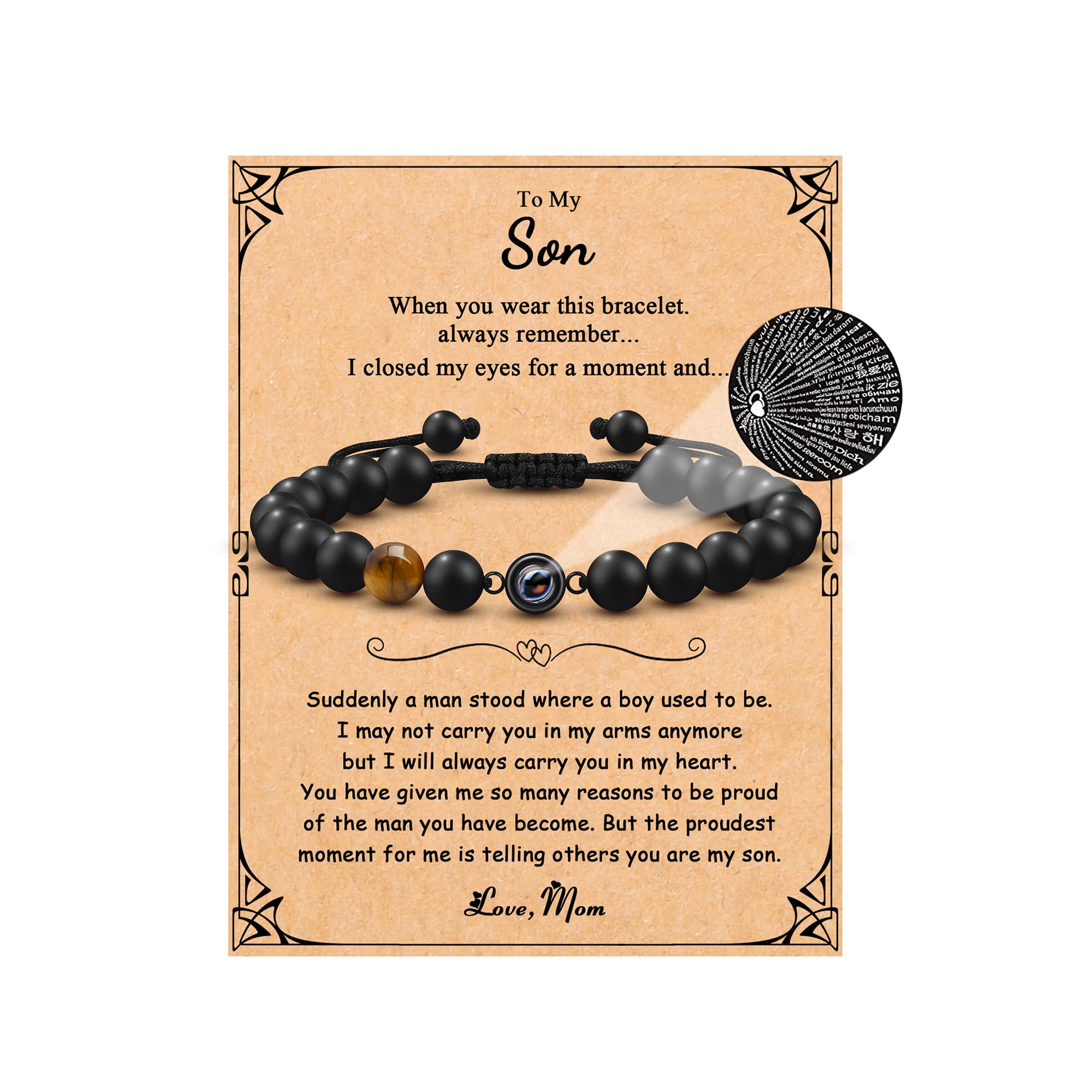 JoycuFF 100 Languages I Love You Bracelet for Men Gifts for Son Husband Boyfriend Grandson Brother Dad Nephew, Natural Black Agate And Tiger's Eye Stones Adjustable Size 6.0-9.5 Inches