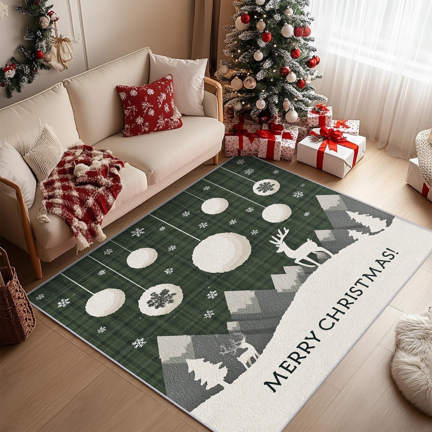 Tapis salon Joyeux Noël antidérapant grand format 160x230 cm nettoyage facile poils courts