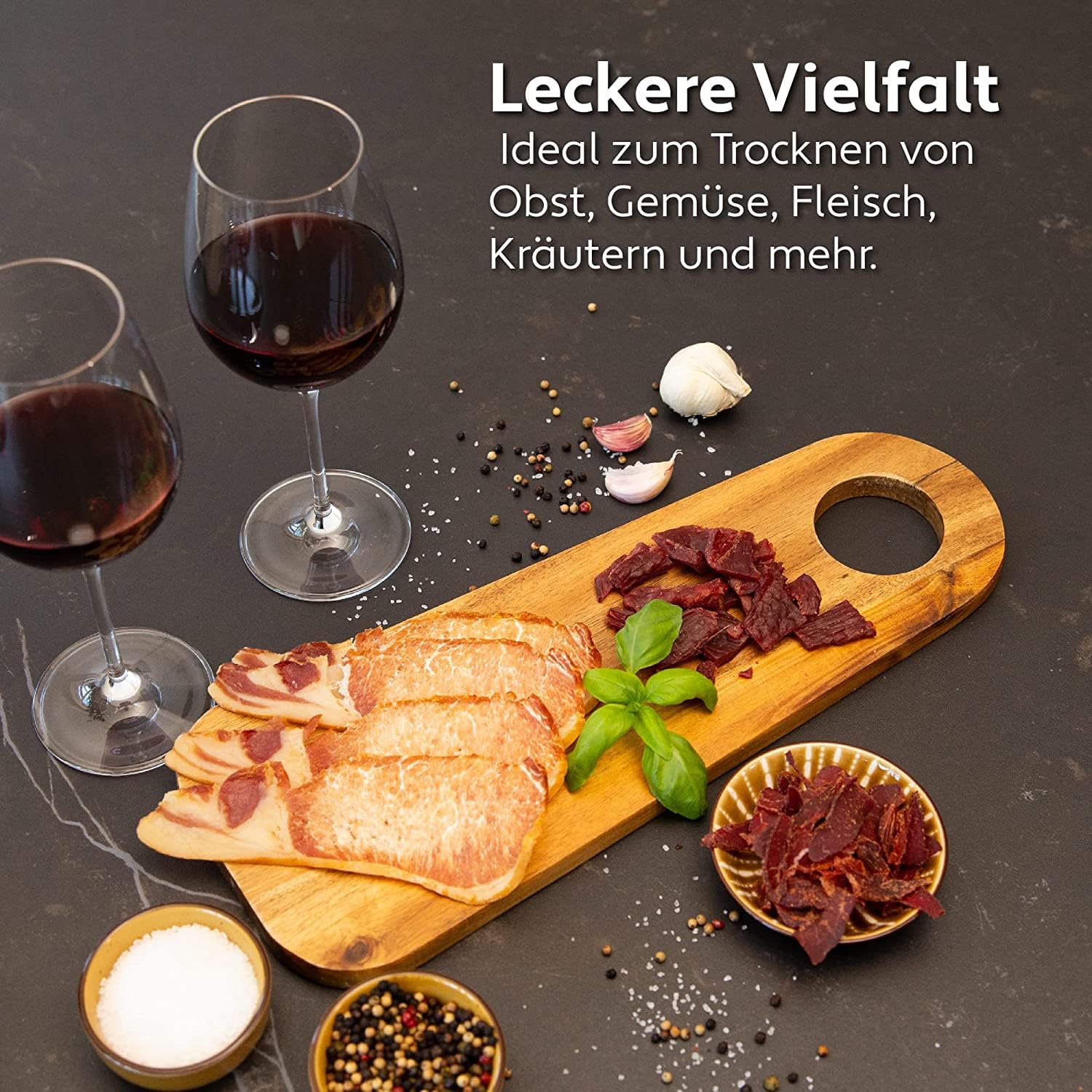 Vita5 Dörrautomat mit 6 Edelstahl-Dörrgitter - Dörrgerät 0,7m² Dörrfläche mit Temperaturregler (35-75°C) – Trocknen von Obst Gemüse Fleisch - 650W 24H Timer-Funktion LED Display - Dehydrator Food