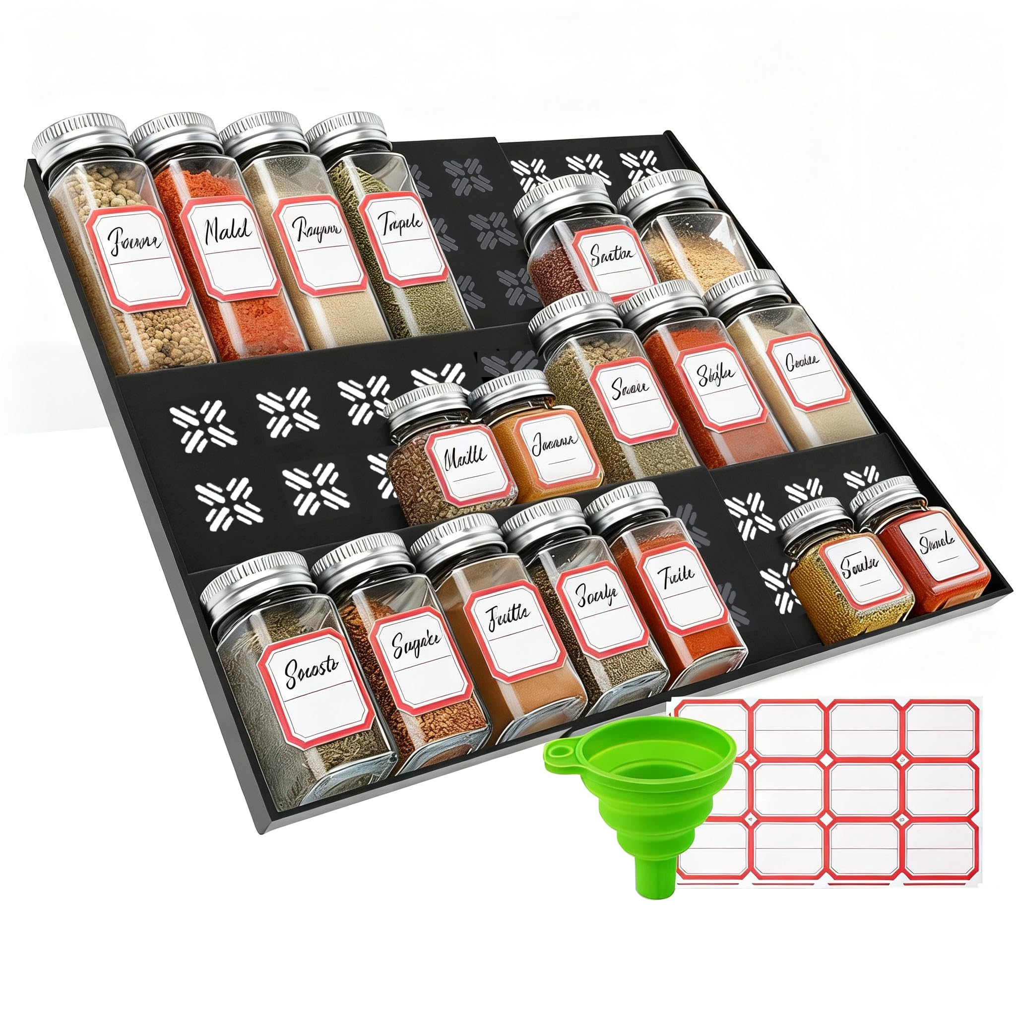 Cinimy Spice Drawer Organiser - 3 Tier Expandable Spice Rack Insert for Drawers, Kitchen, Countertops, Cabinet, Adjustable Seasoning Jars Holder with 60 Labels & Silicone Funnel, No Jars, Black