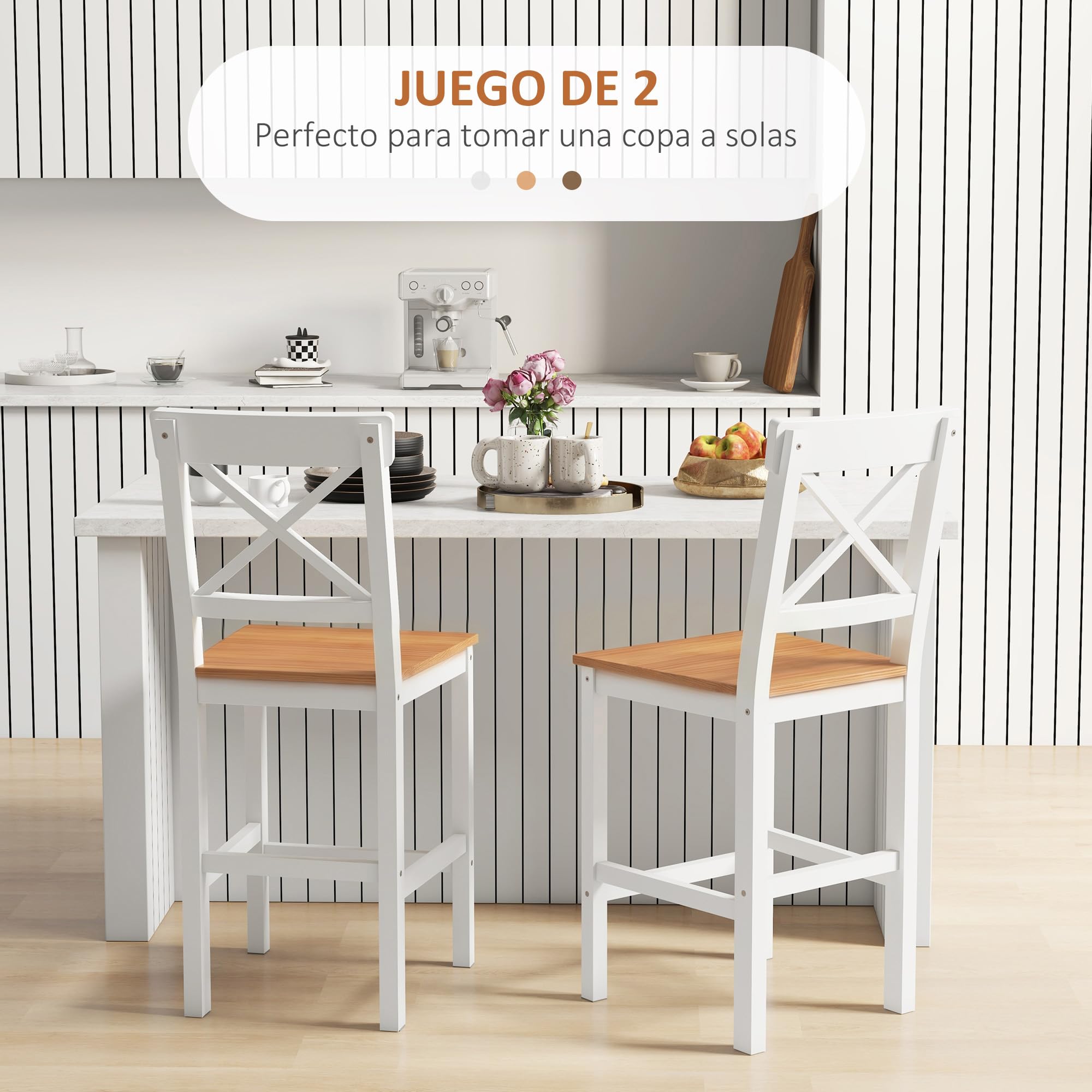 HOMCOM Conjunto de 2 Taburetes de Bar Altura Asiento 60,2 cm Taburetes de Cocina de Madera con Respaldo y Reposapiés Carga 120 kg para Comedor Salón Natural y Blanco