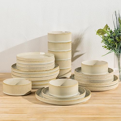 Miniatura 27 de TheTerra Juego de vajilla de cerámica para 4, juego de 12 platos y cuencos ligeros de porcelana, resistente a los arañazos, apto para horno, Neblina