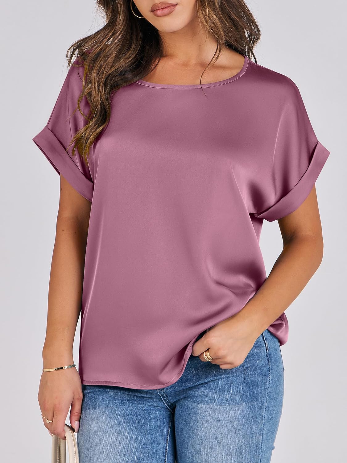 ANRABESS Women's Summer Dressy Casual Short Sleeve Shirts Crewneck Satin 2026 Business Office Work Blouse Tops - Image 2