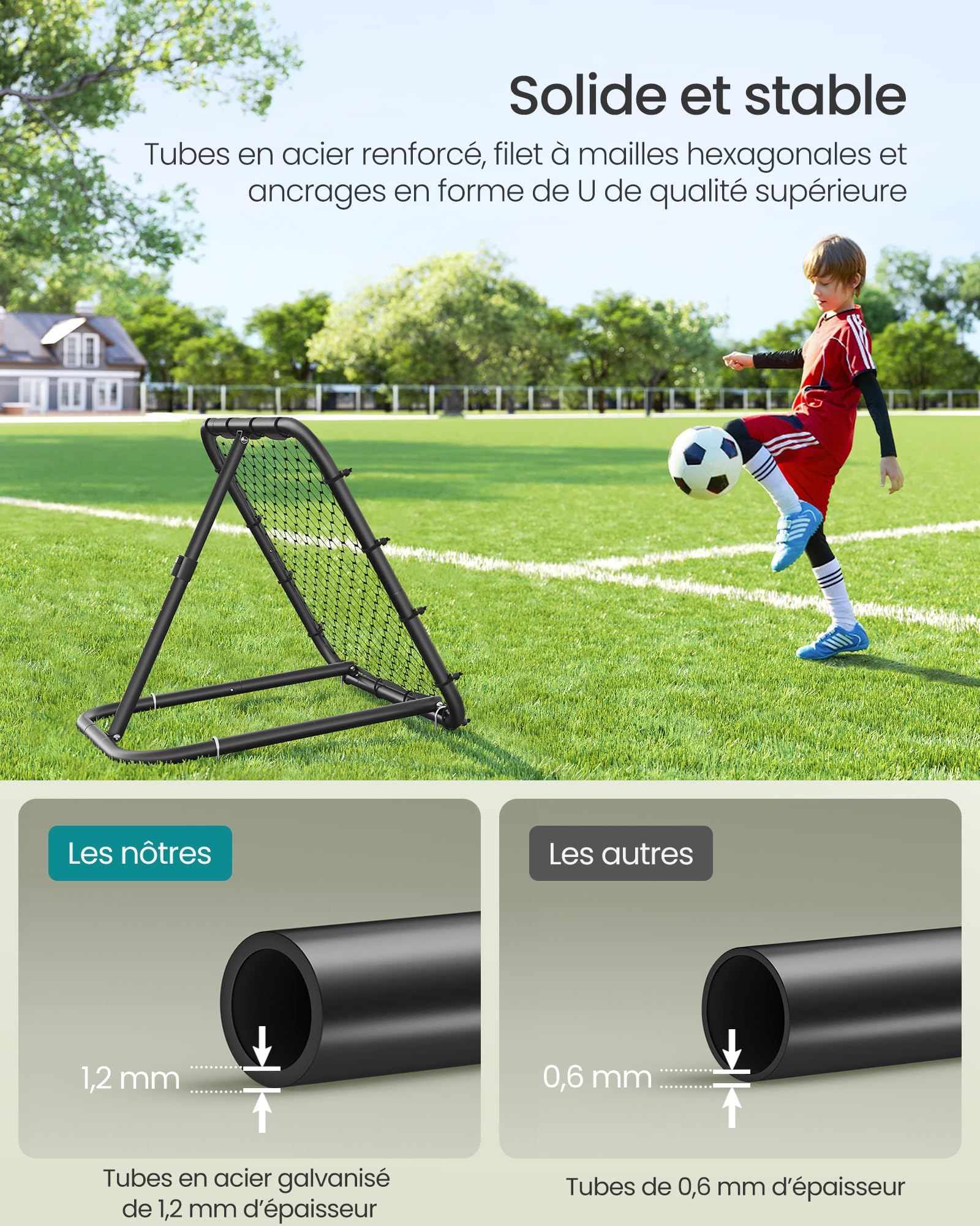SONGMICS But de Football pour Enfants, Portable, Cadre en Acier, Réglable en Angle, Noir d'Encre