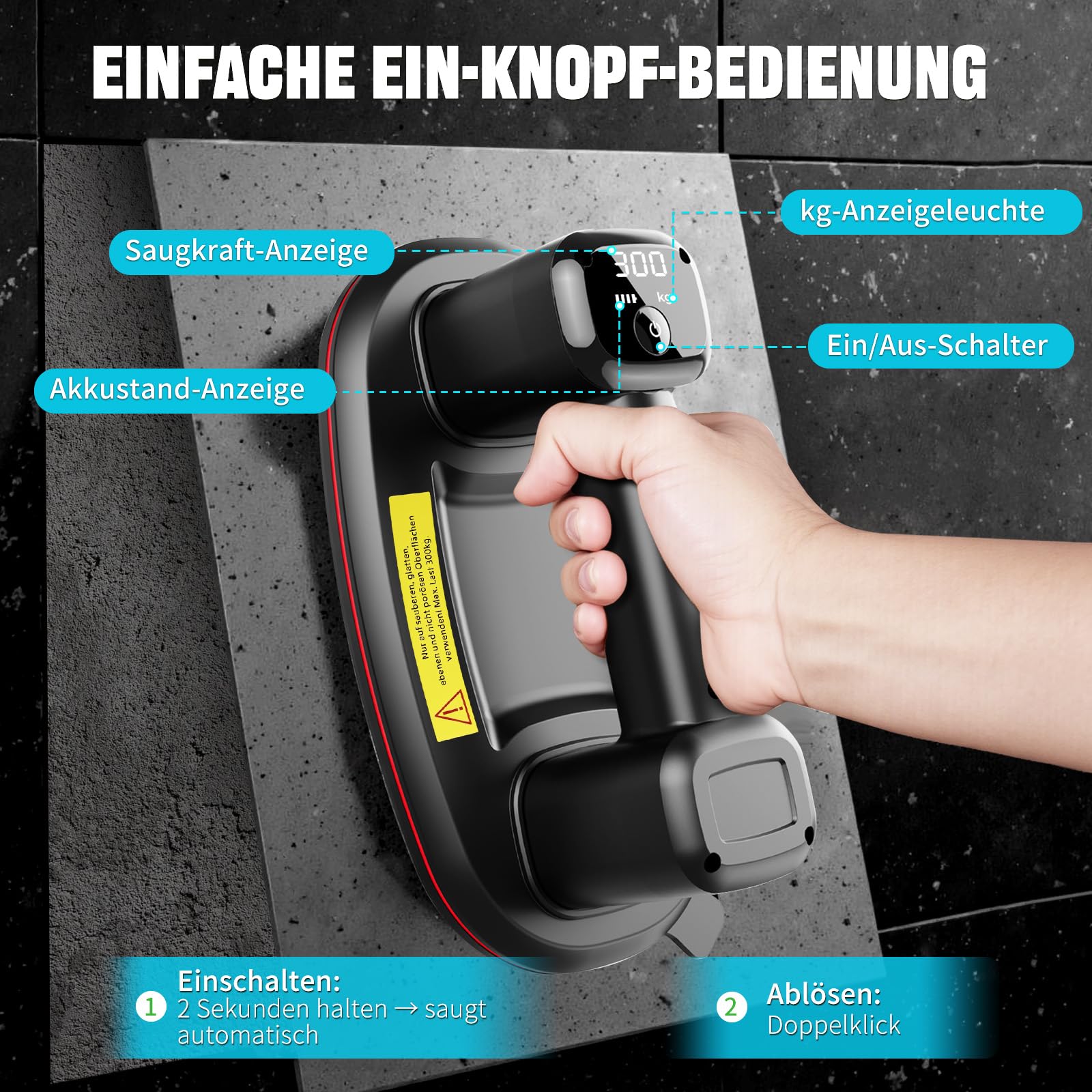 2er-Set 26cm Akku Saugheber für Fliesen,Elektrischer Saugheber Fliesensauger,Plattenheber Vakuumheber mit Auto-Nachsauge & LCD-Anzeige für Saugkraft & Akkulaufzeit,4500 mAh Akku,Max.300KG