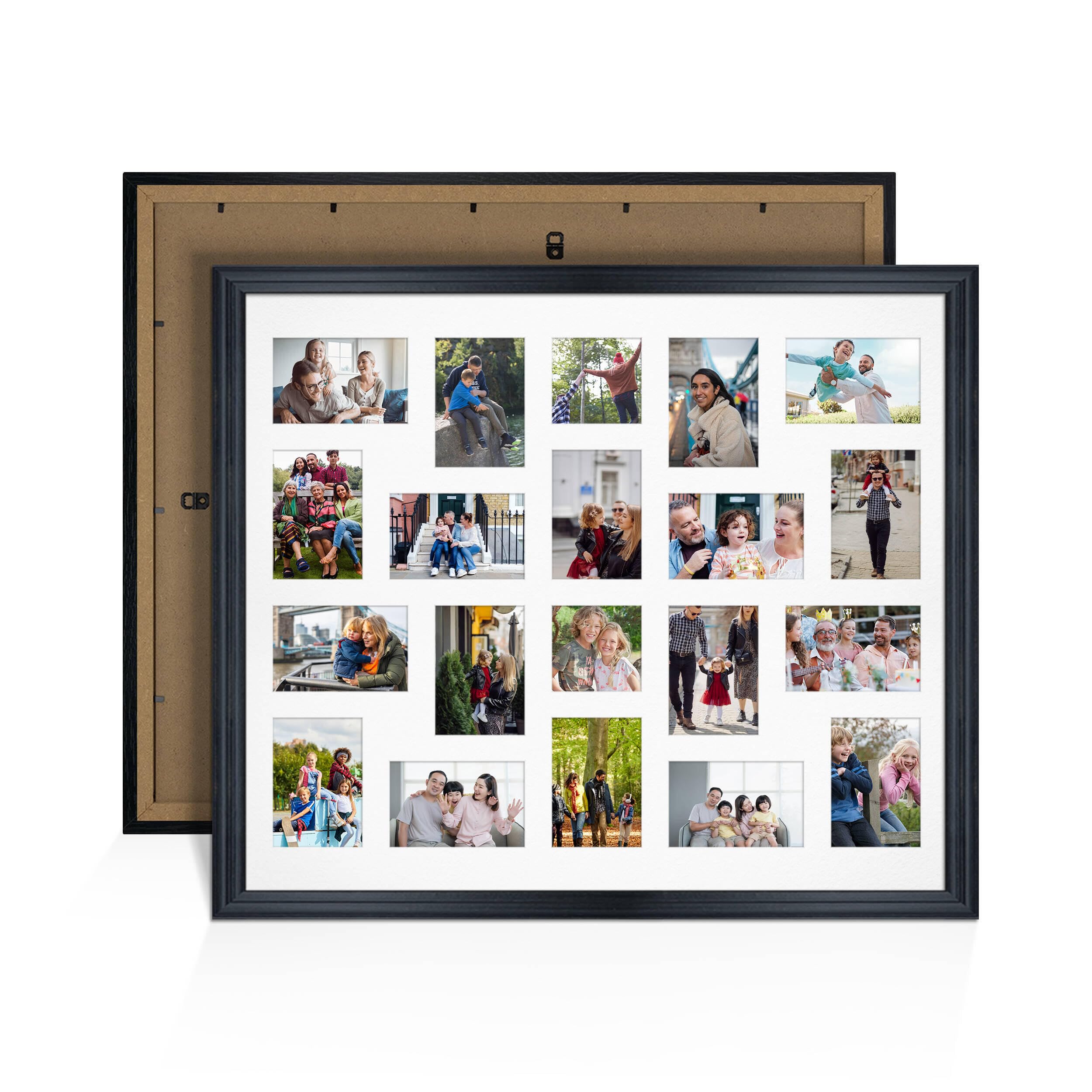 Alison Kingsgate Black 80x70cm Photo frames for multiple pictures - 20 Apertures Collage Frame with White Mount - Holds (18x) 6x4 & (2x) 4x4 Photos - Engineered Wood & Perspex