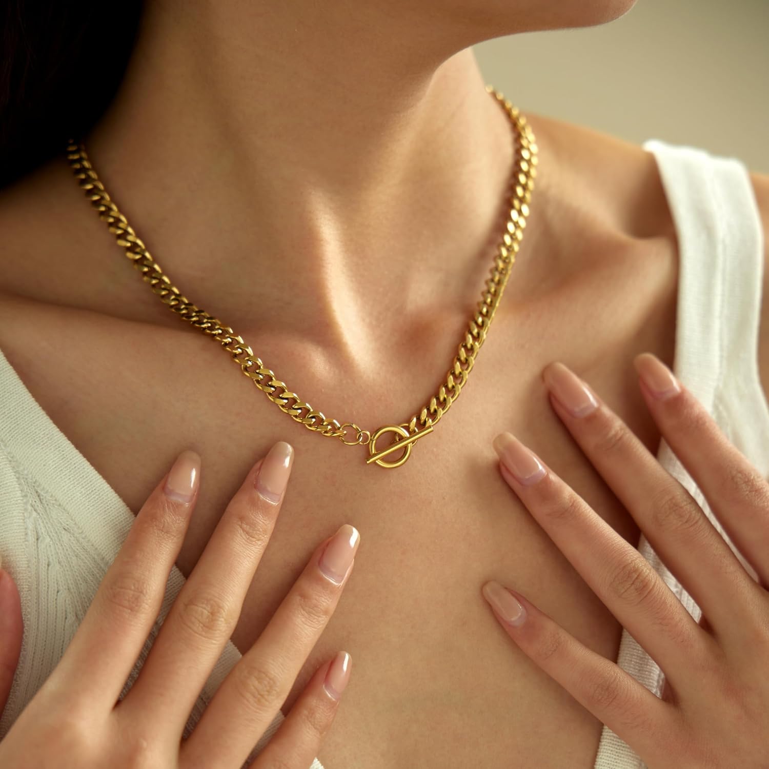 18K Gold Plated Chunky Chain Necklace for Women Thick 8mm Cuban Curb Chain Green CZ Pendant Toggle Necklace Trendy Jewelry Christmas Gifts - Image 3