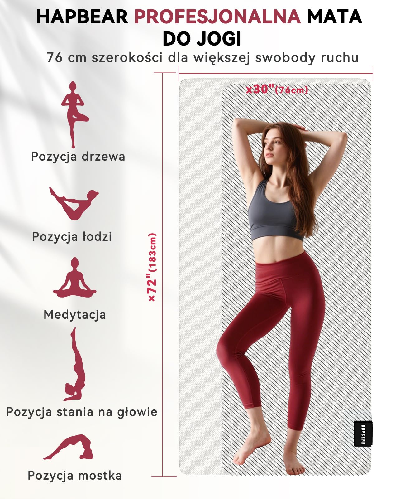 HAPBEAR Mata do jogi z kauczuku naturalnego 183x76cmx5mm, antypoślizgowa mata, z doskonałą amortyzacją do jogi i pilatesu, z torbą Oxford w zestawie