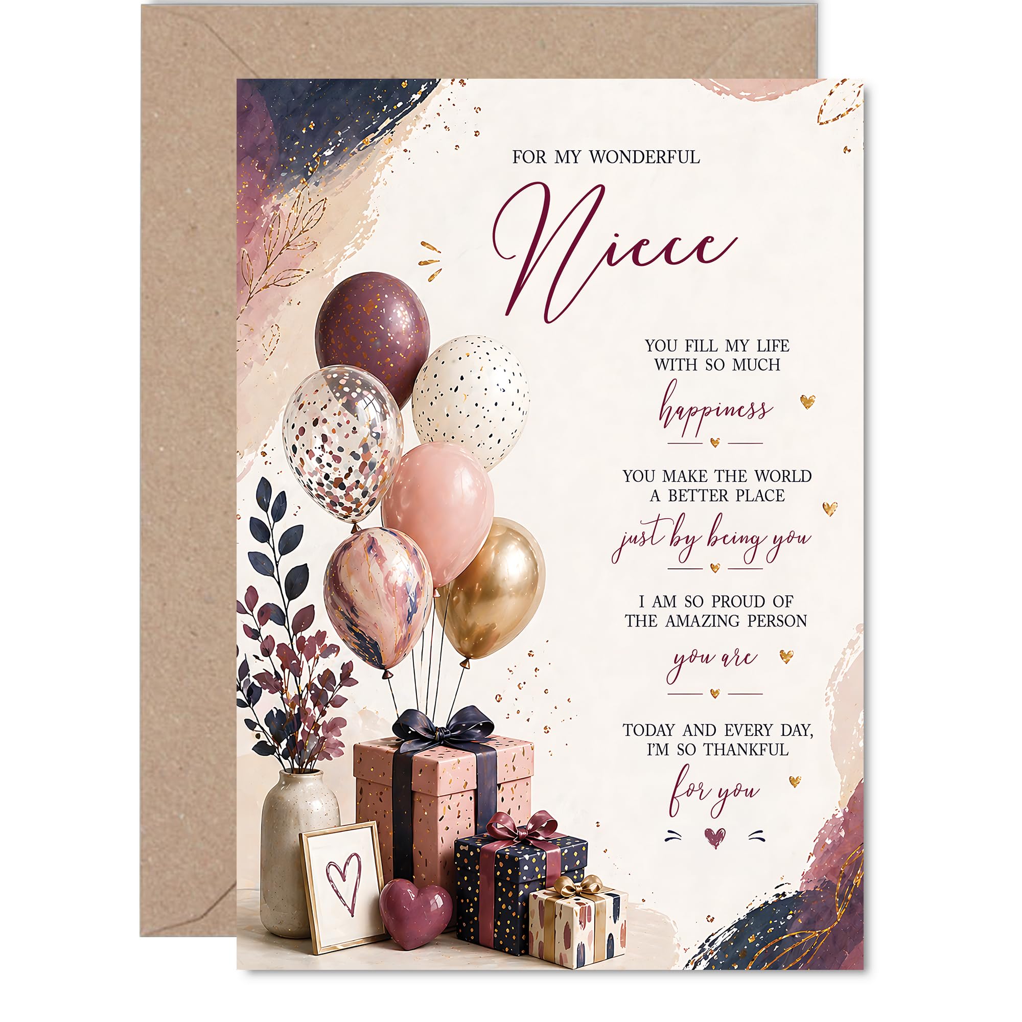 Heartfelt Birthday Card for Niece - Overflowing with Joy - Balloons, Gifts and Floral Design in Vibrant Pinks and Golds - A5, Envelope Included