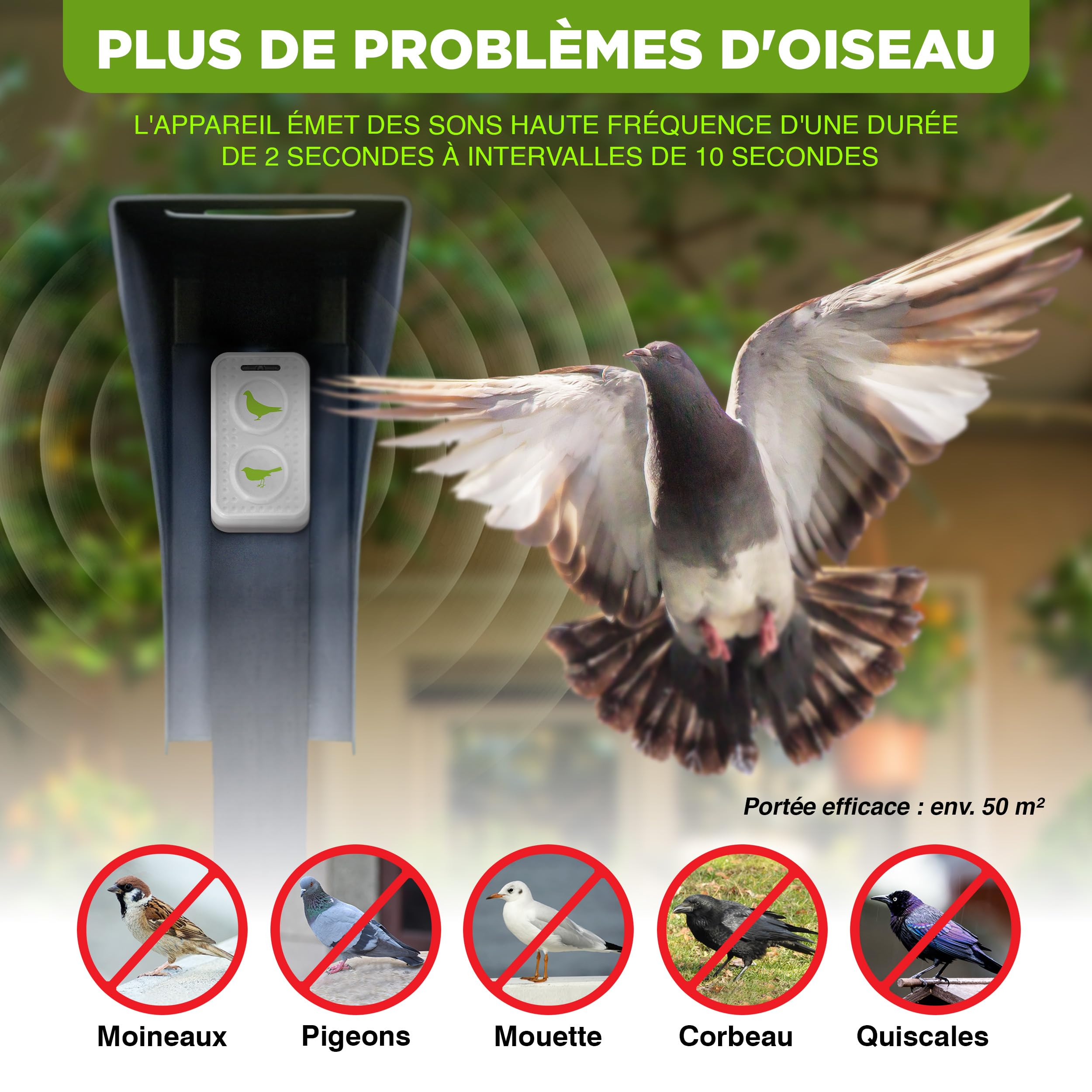 ISOTRONIC Répulsif ultrasons Oiseaux et Pigeons – À Piles pour Balcon, Toit et Jardin – Éloigne moineaux, goélands et Corbeaux – Portée 50 m² – Lot de 2 unités pour Une Protection Efficace et Mobile