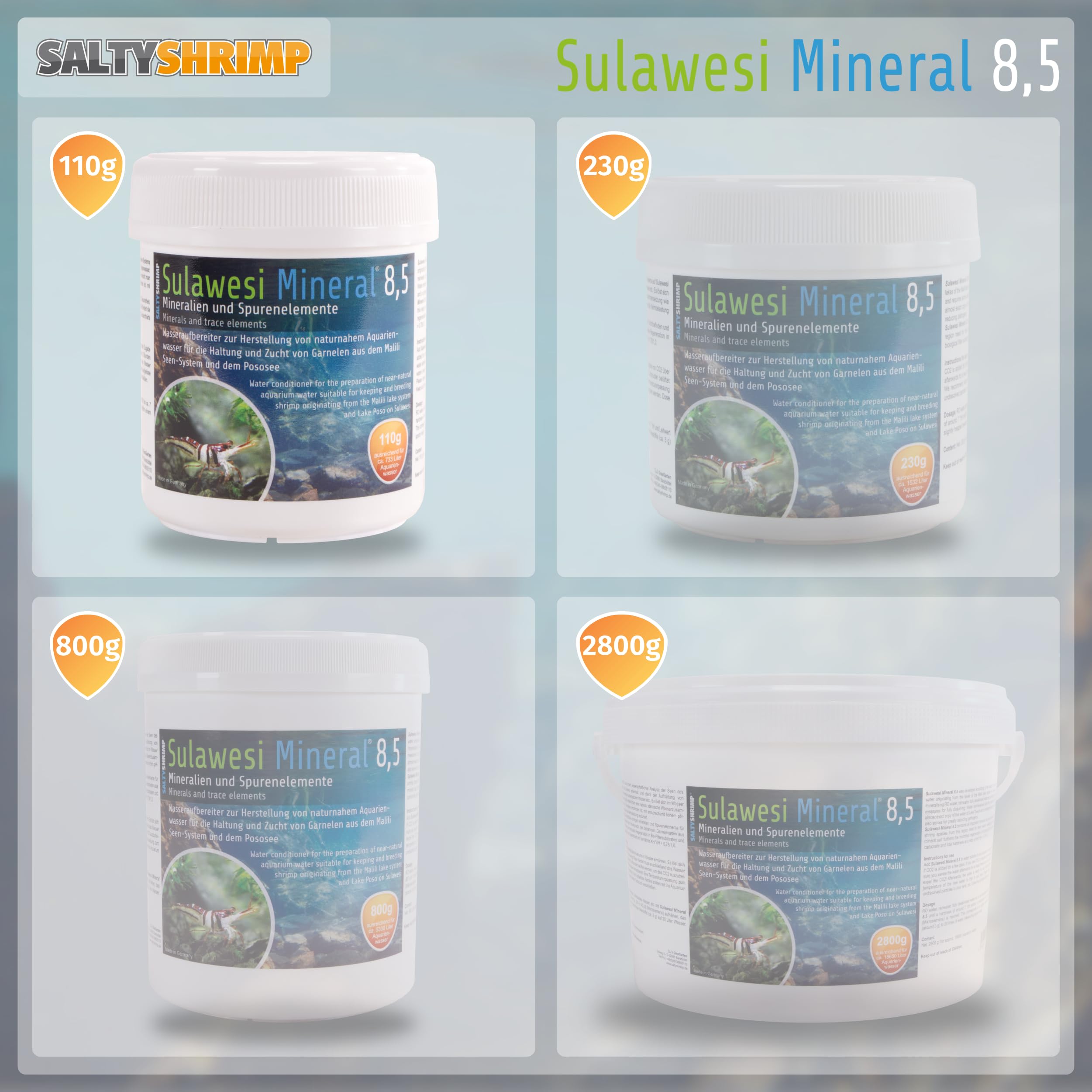 Sulawesi Mineral 8,5 | 110g - Sal de Sulawesi para endurecer el Agua de ósmosis, Agua de Lluvia, etc. El Alto Valor de pH de 8,5 Reduce la Carga bacteriana