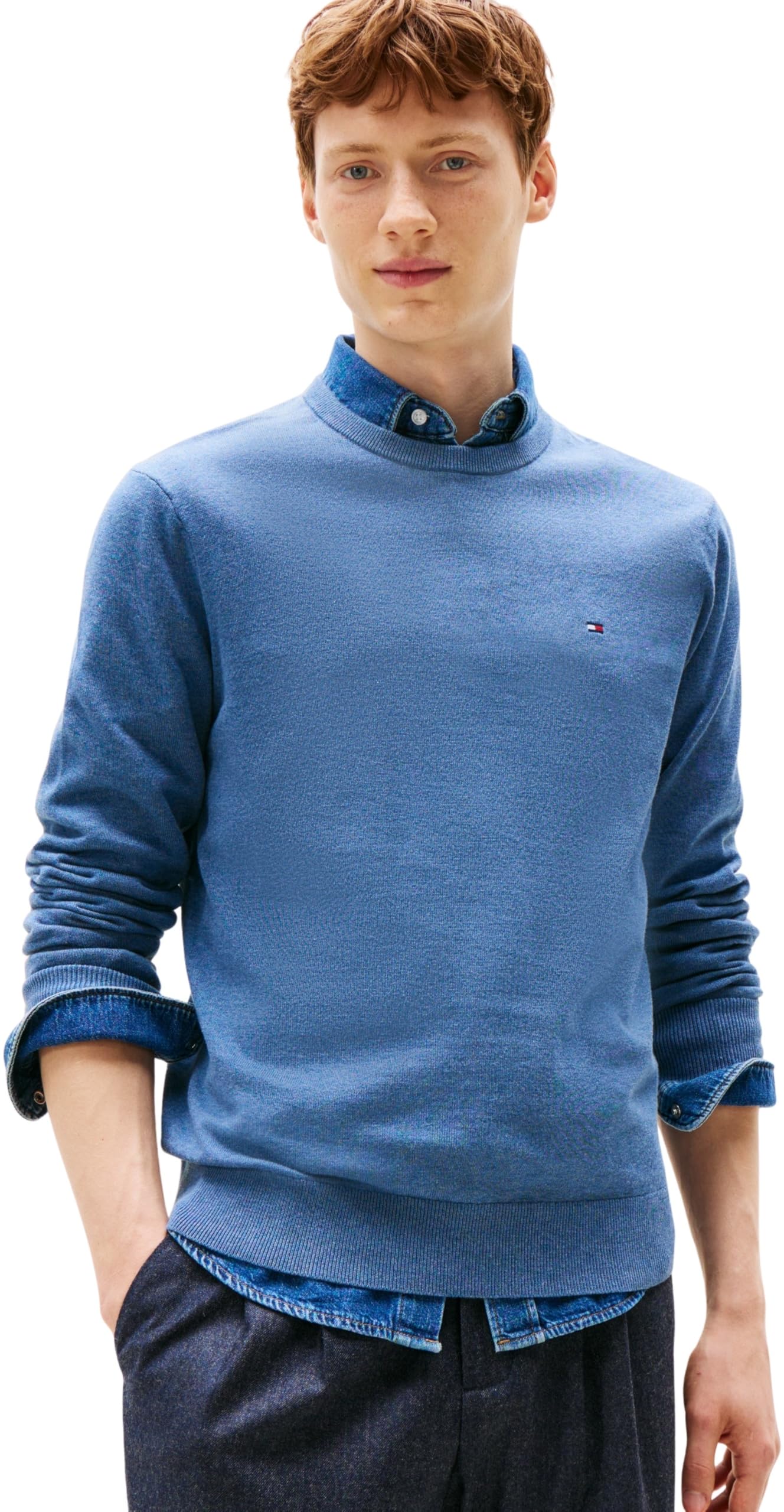 Tommy Hilfiger Men’s Essential Cotton Round Neck Jumper, Blue (Petrol Blue Heather), XL