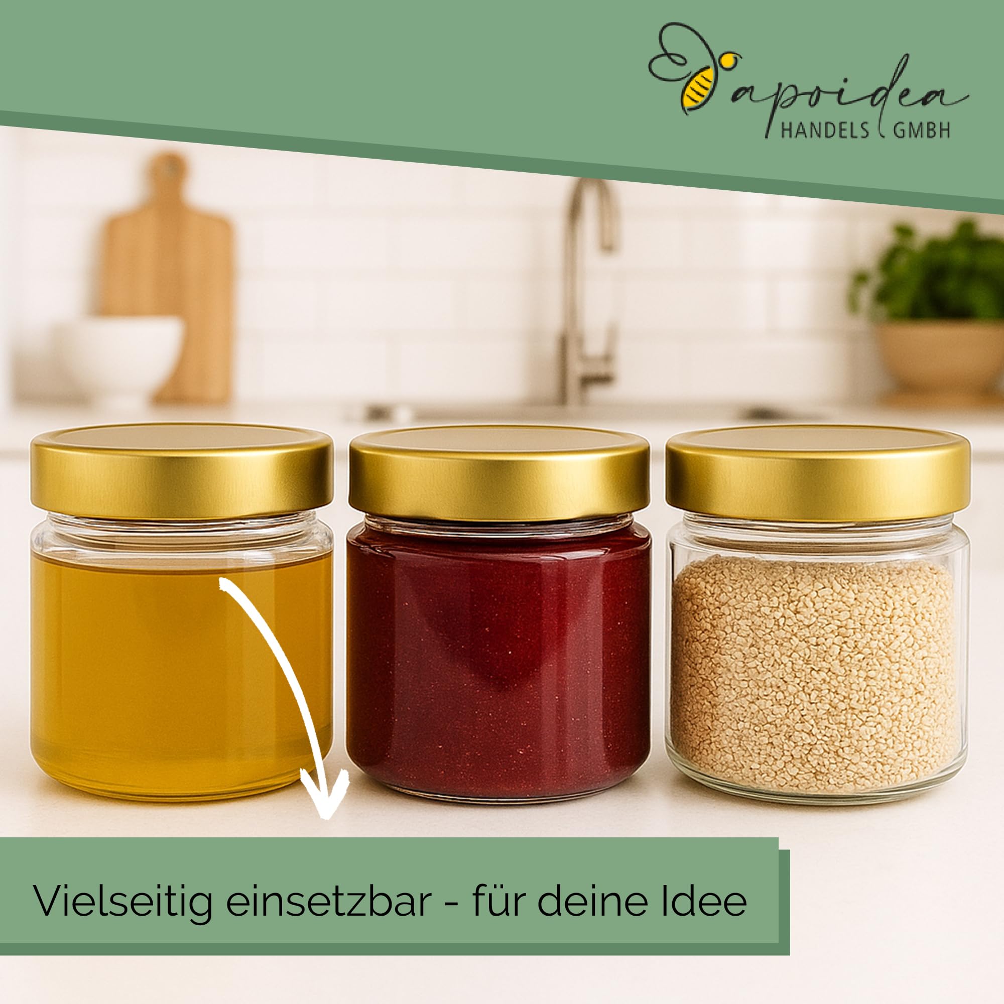 Apoidea – Honiggläser 500g mit DEEP Twistoff Deckel in Gold 26 Stück/Honiggläser 500g mit Deckel/Honigglas und Einweckglas Deepglas/Hochwertige Honig Gläser für Ihren eigenen Honig