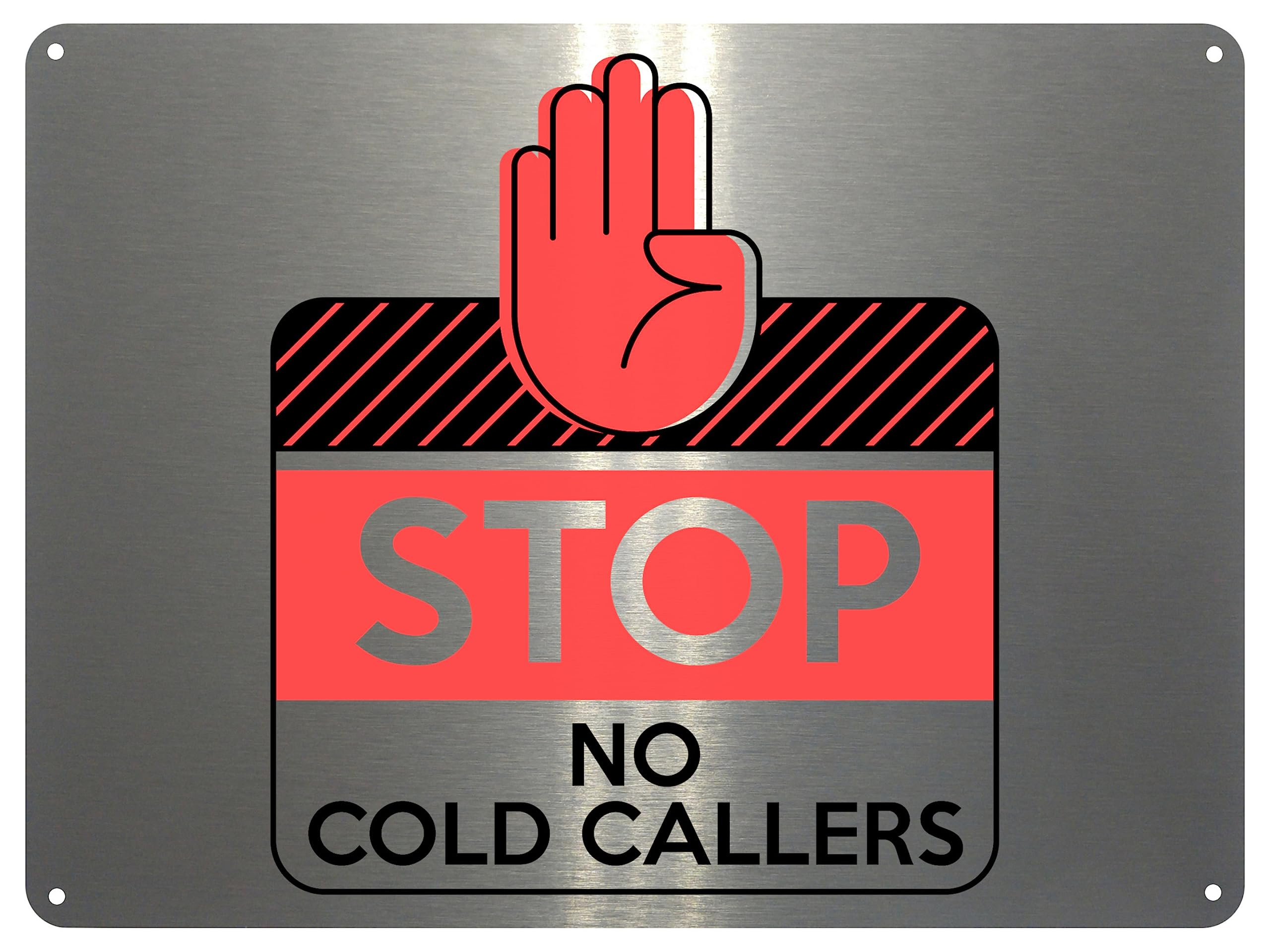 Xtra-Print Brushed Silver 2056 Stop No Cold Callers Door Gate House Office Metal Aluminium Plaque Sign (85X54mm Credit Card Size, )