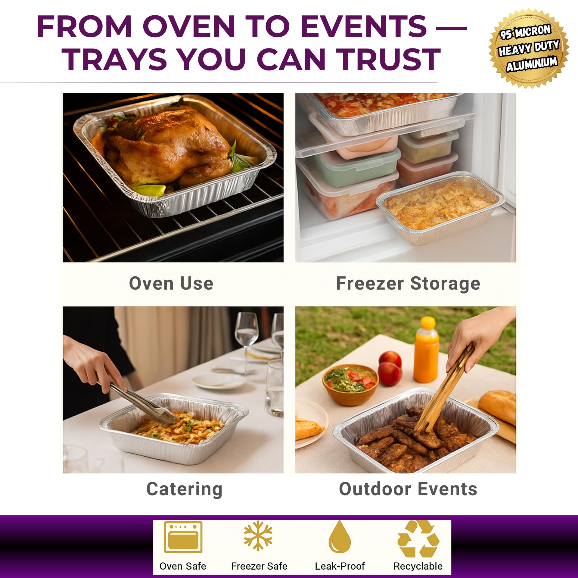 QUINDE Bandejas grandes de aluminio con tapas, paquete de 10 unidades, bandejas de aluminio resistentes de 3500 ml (equivalente a 32 x 26 cm, tapas de aluminio completas de alta calidad para catering