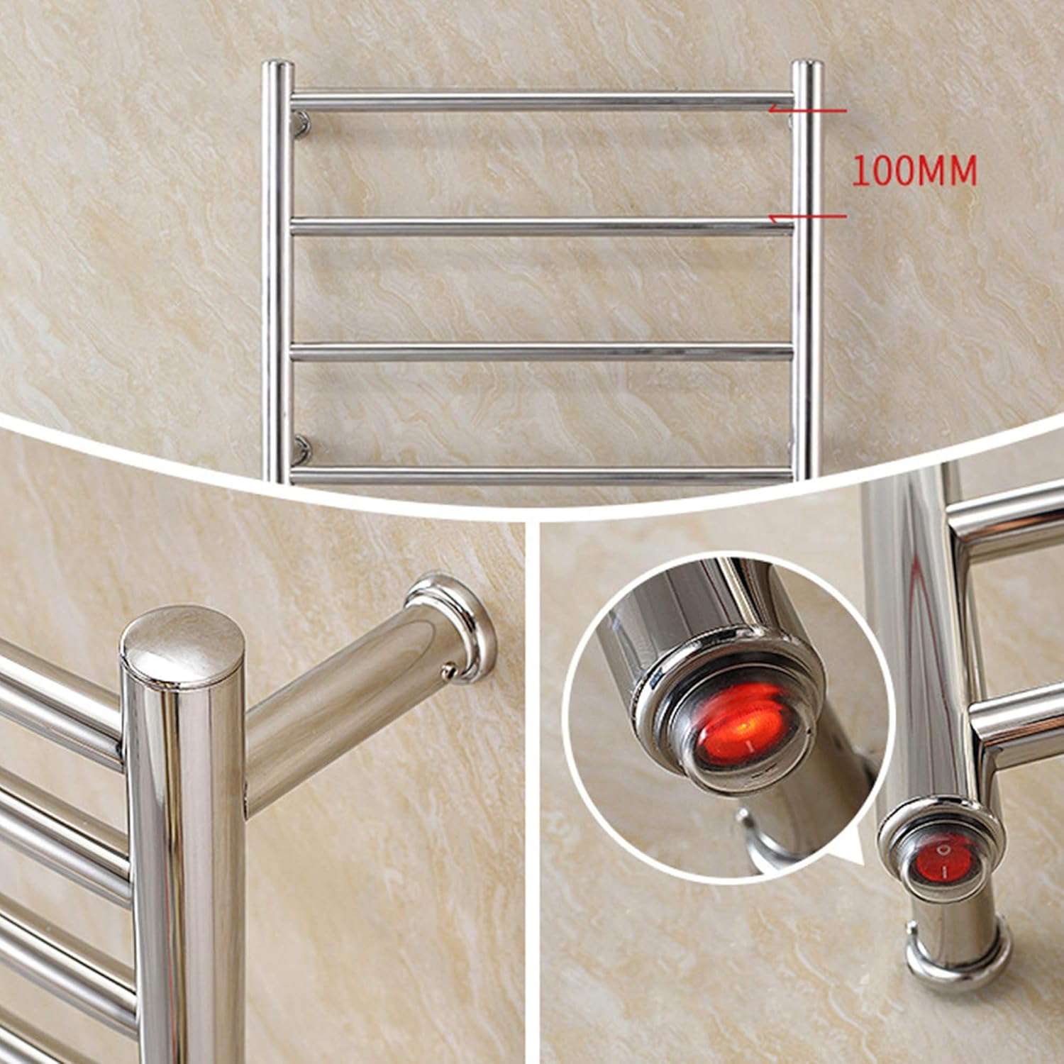 4 Bar Wall Mounted Towel Warmer 58W Electric Heated Drying Rack 304 Stainless Steel Plug in Towel Holder with Switch for Bathroom