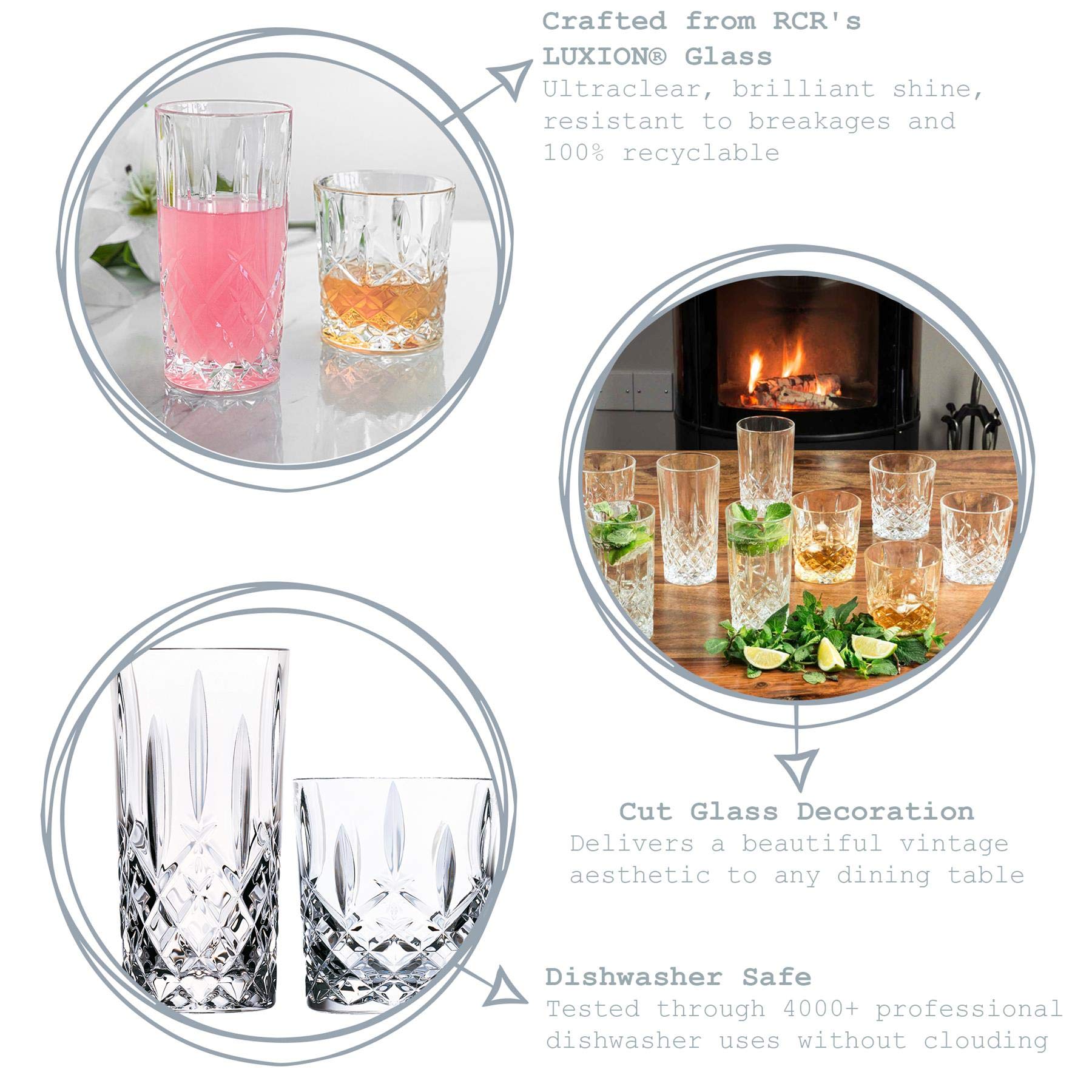 RCR Crystal Orchester Geschnittener Glas Whiskey -Trinkgläser Und Highball -Cocktailgläser - 340ml, 396ml - 12pc Set