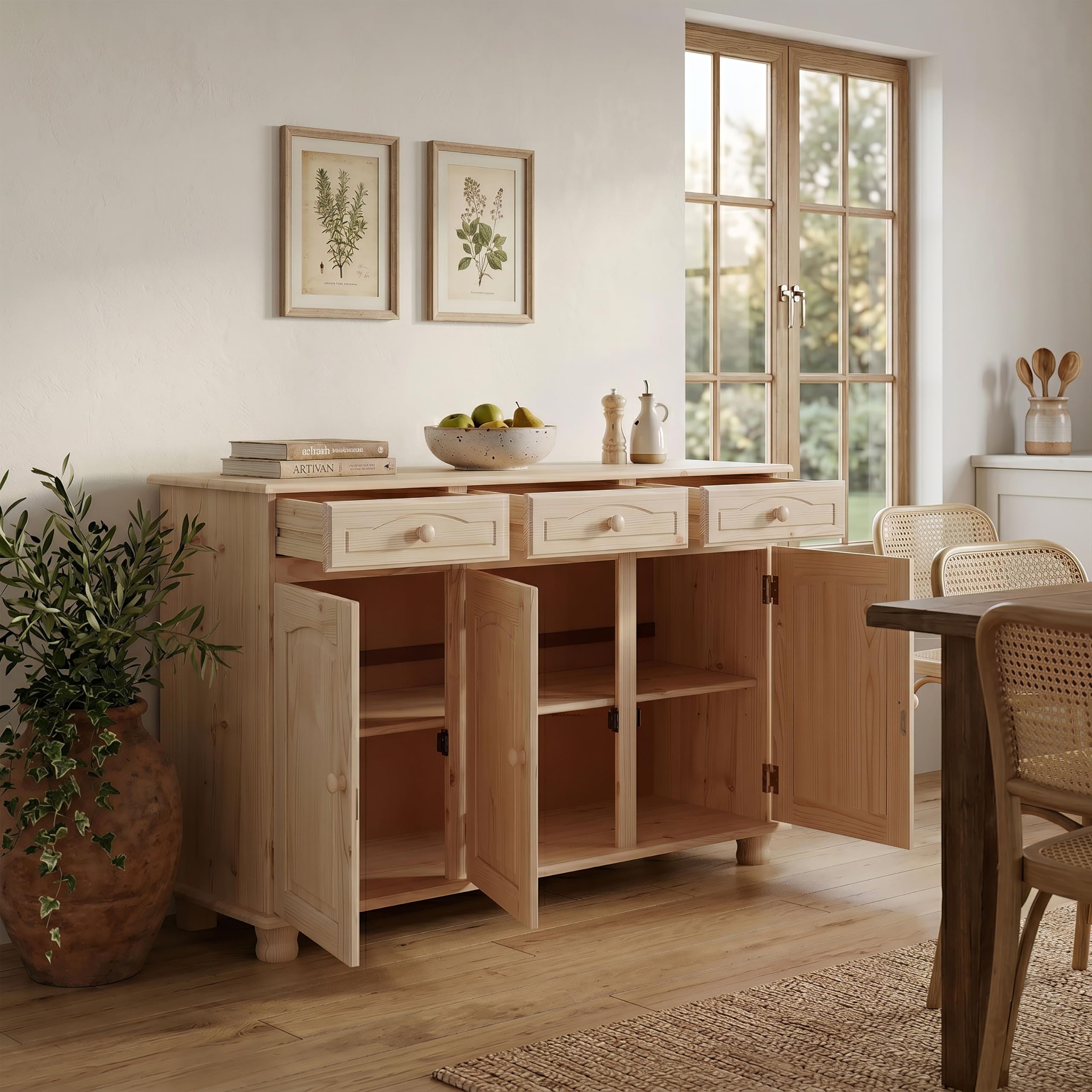 Dogar Altea aparador de 3 Puertas y 3 cajones 86x130x42 cm, AltoxAnchoXfondo, Acabado sin barnizar Mueble Fabricado en Pino Madera de Macizo