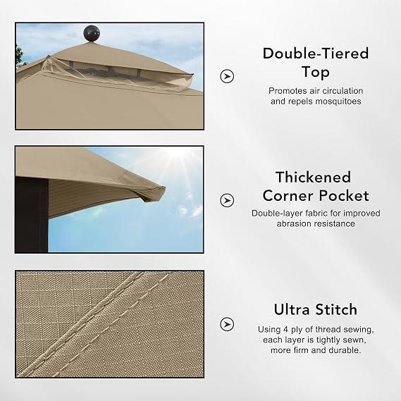 MASTERCANOPY Replacement Canopy Top for Lowe's Allen Roth 10x12 Gazebo #GF-12S004B-1 (Khaki Plaid,Riplock Material)
