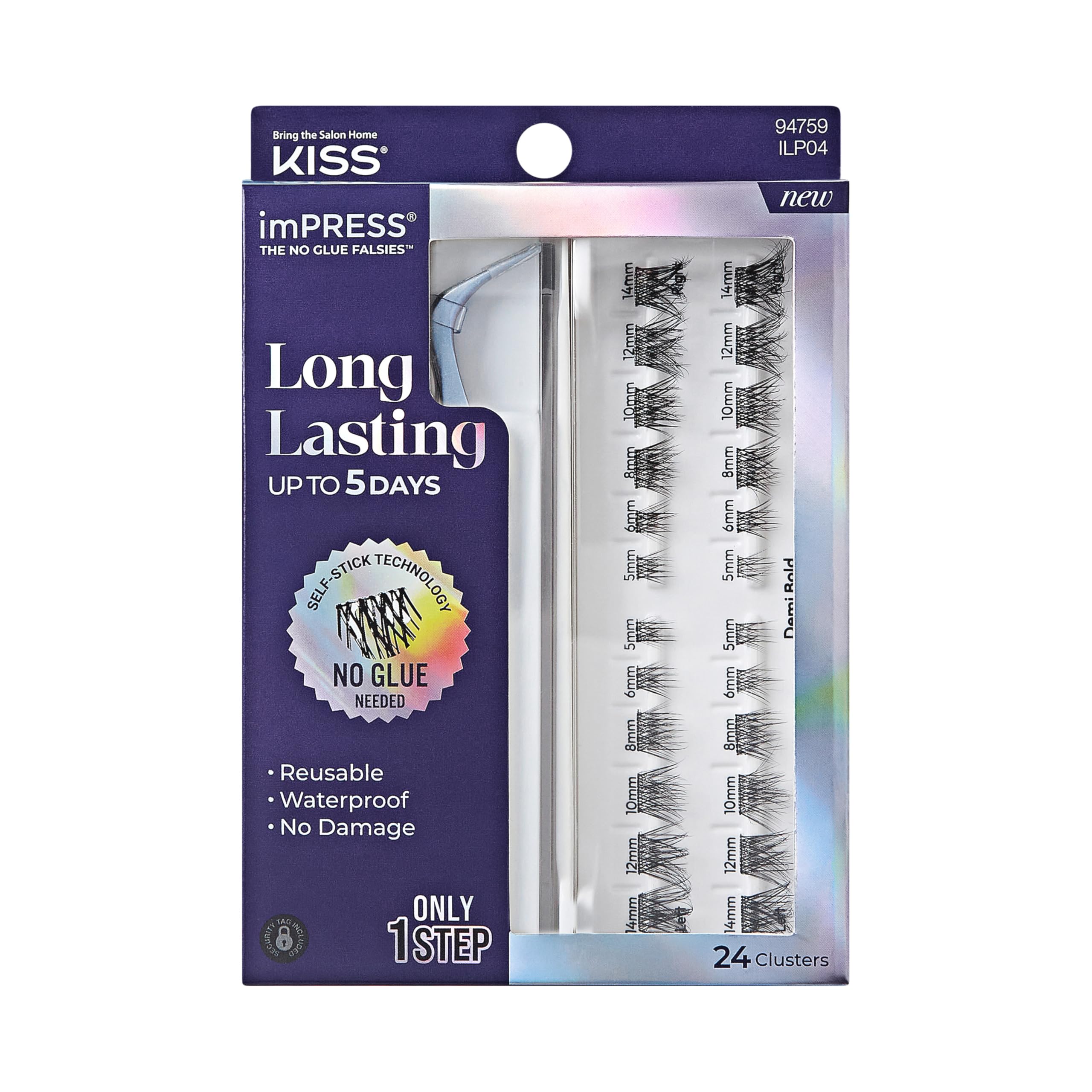 KISS imPRESS Falsies Long Lasting Self Adhesive Eyelashes, ‘Demi Bold’, 5 Day Extended Wear, 24 Medium Volume Lash Clusters (5,6,8,10,12, & 14mm), Precision Non-Stick Applicator