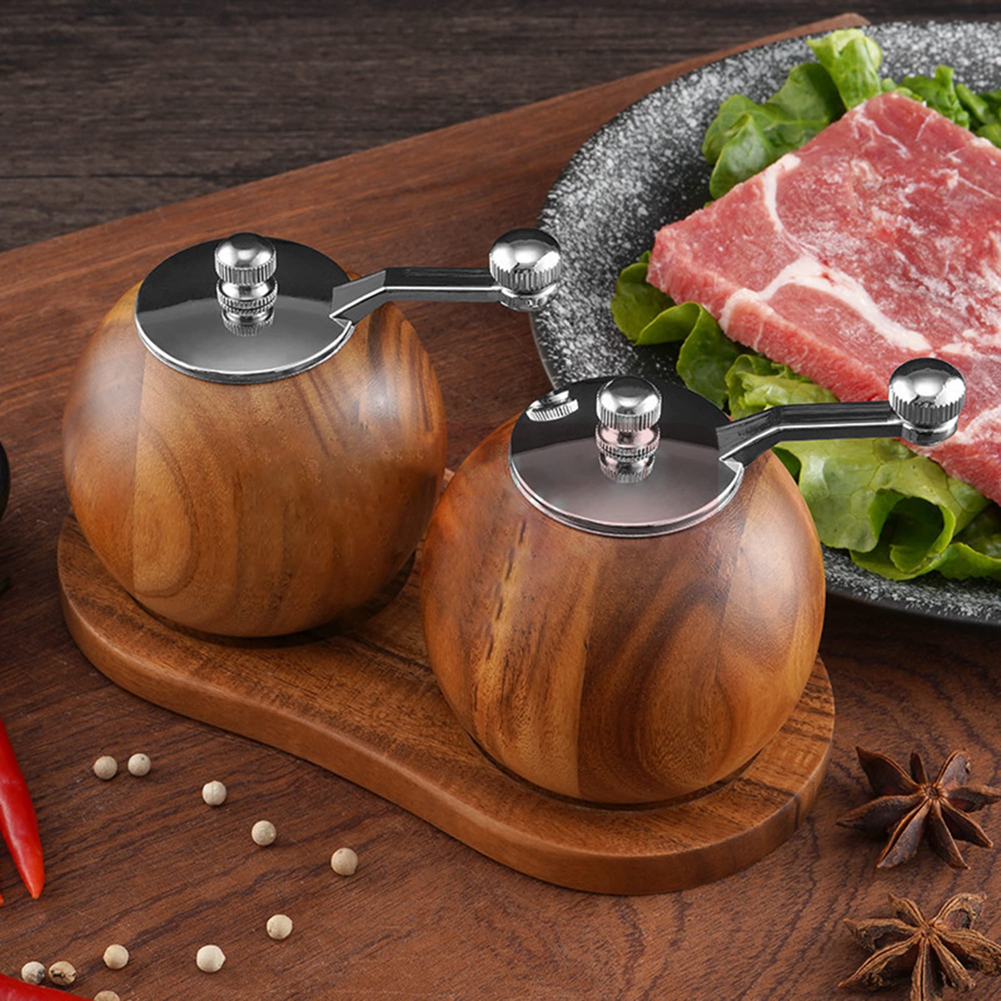 Drewniany zestaw młynków do pieprzu i soli w kształcie kuli, z regulowanym ceramicznym wirnikiem, do kuchni, wielokrotnego napełniania, młynek do soli i pieprzu, 2 szt., brązowy