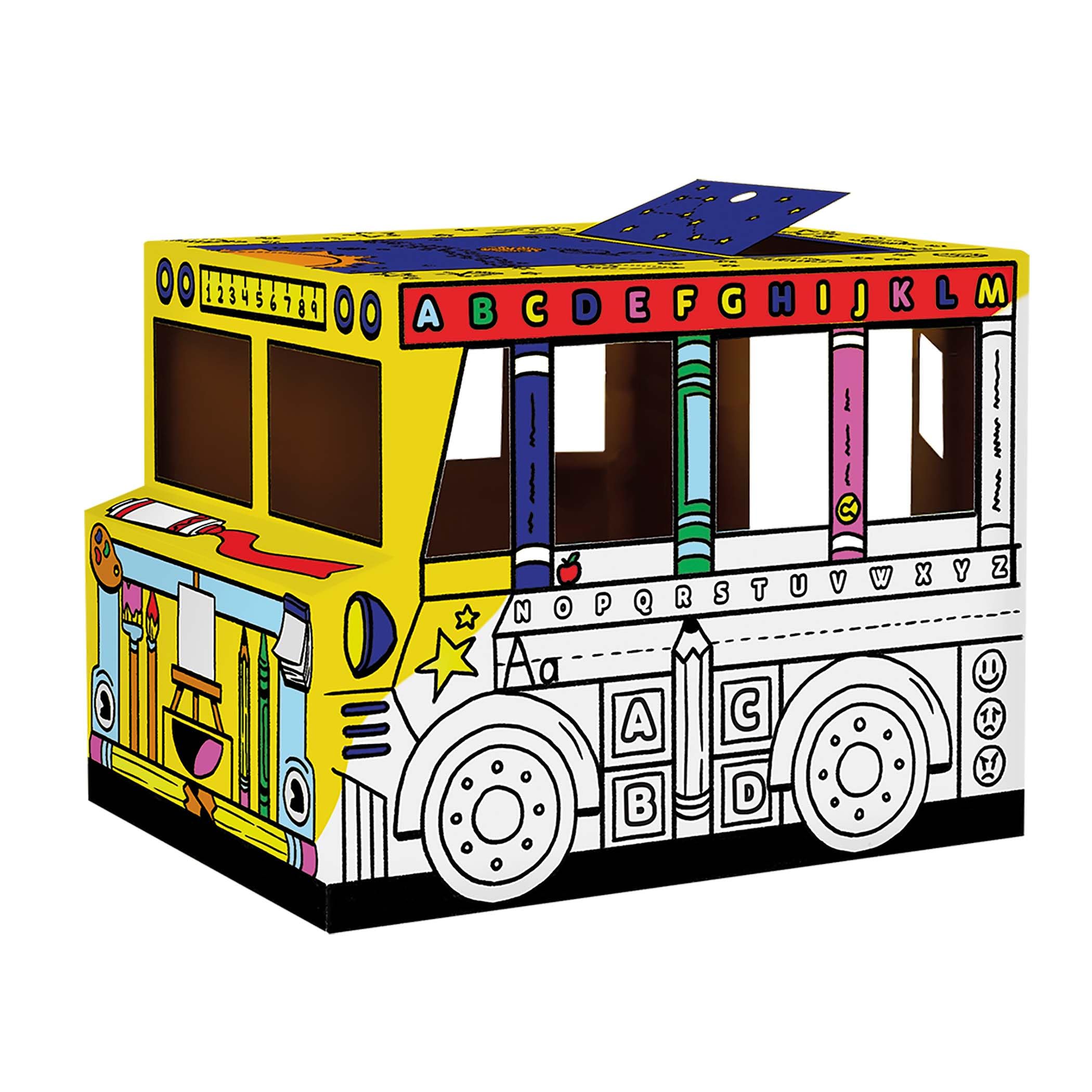 BANKERS BOX Colour-In School Bus Cardboard Playhouse für Kinder (114,3 x 78,74 x 83,82cm) - Craft Activity mit Türen & Sonnendach - Einfache Montage - FSC Zertifiziert, 100% recycelbar - Alter 3+