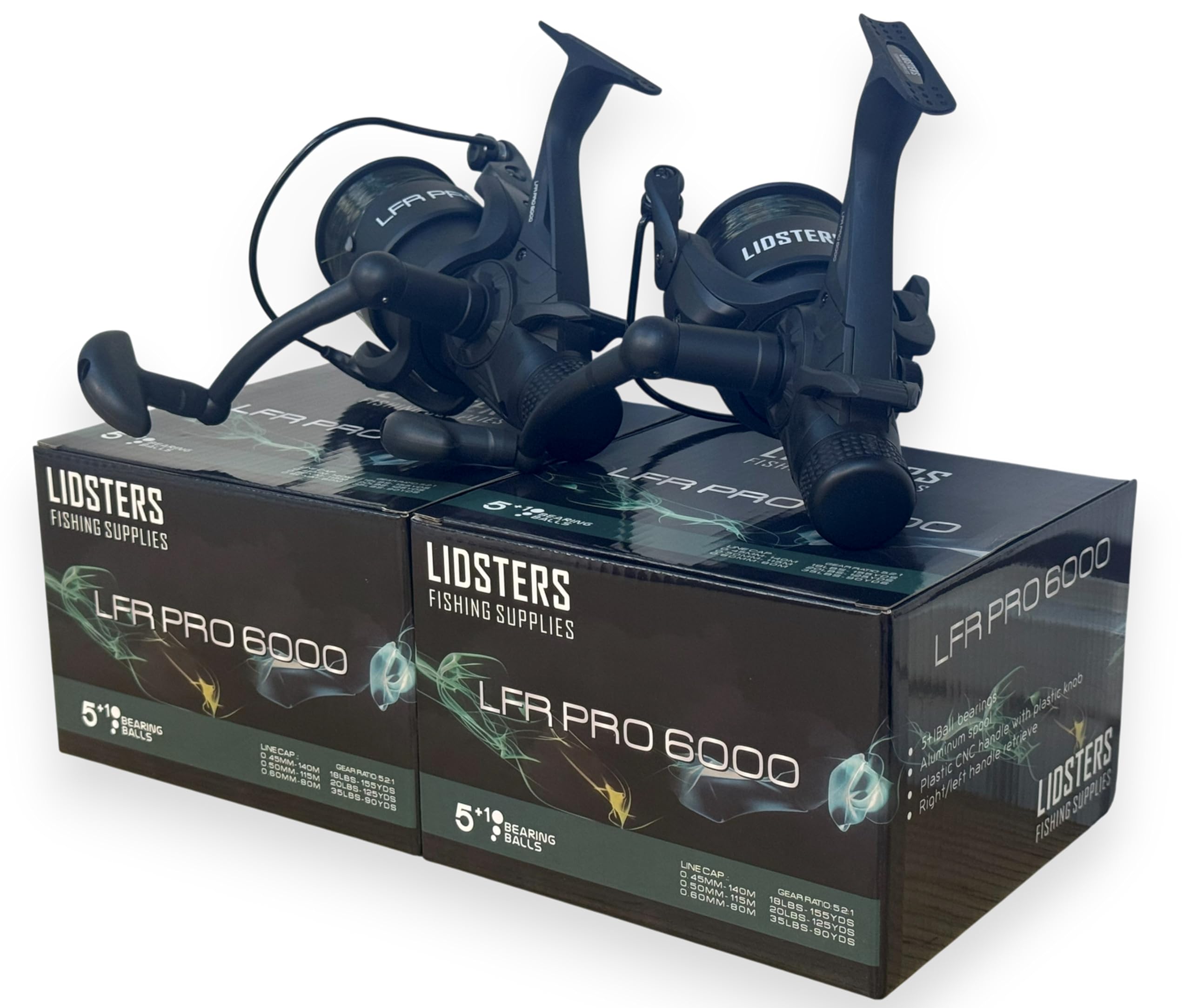 2 Lidsters LFR Pro 6000 Carp Reels 5+1BB Baitrunner Black Preloaded 18lb Fishing