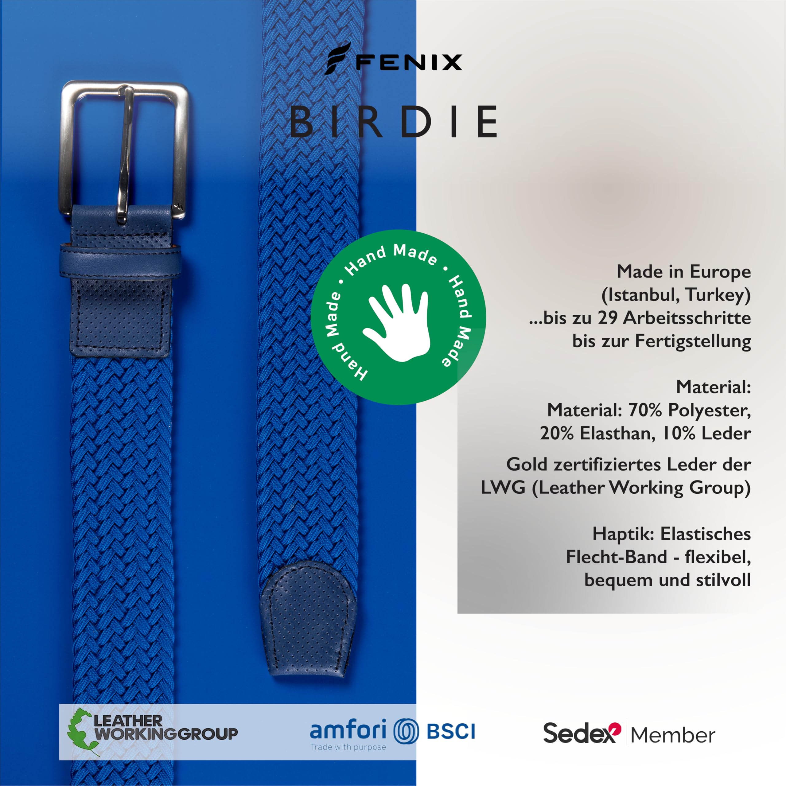 FENIX BIRDIE Stretchgürtel für Herren und Damen Größe S,M,L,XL Elastischer Gürtel Flechtgürtel 40mm breit designed in Deutschland Gürtel für Golf Sport und Alltag, Stoffgürtel