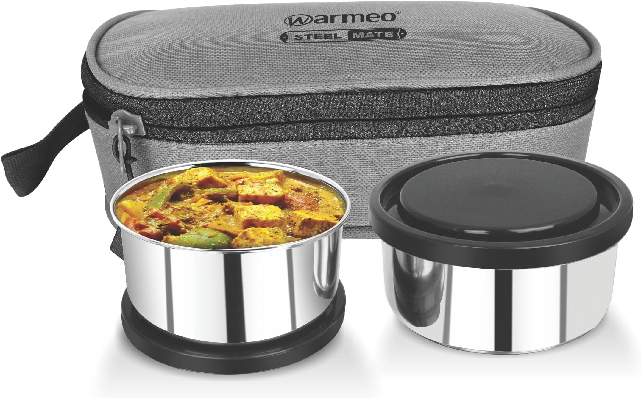 WARMEO Prime Lunch Box with Insulated Fabric Jacket, 2 Round Containers, 300 ml Each, Black| Easy to Carry | Leak Proof | Hot Food