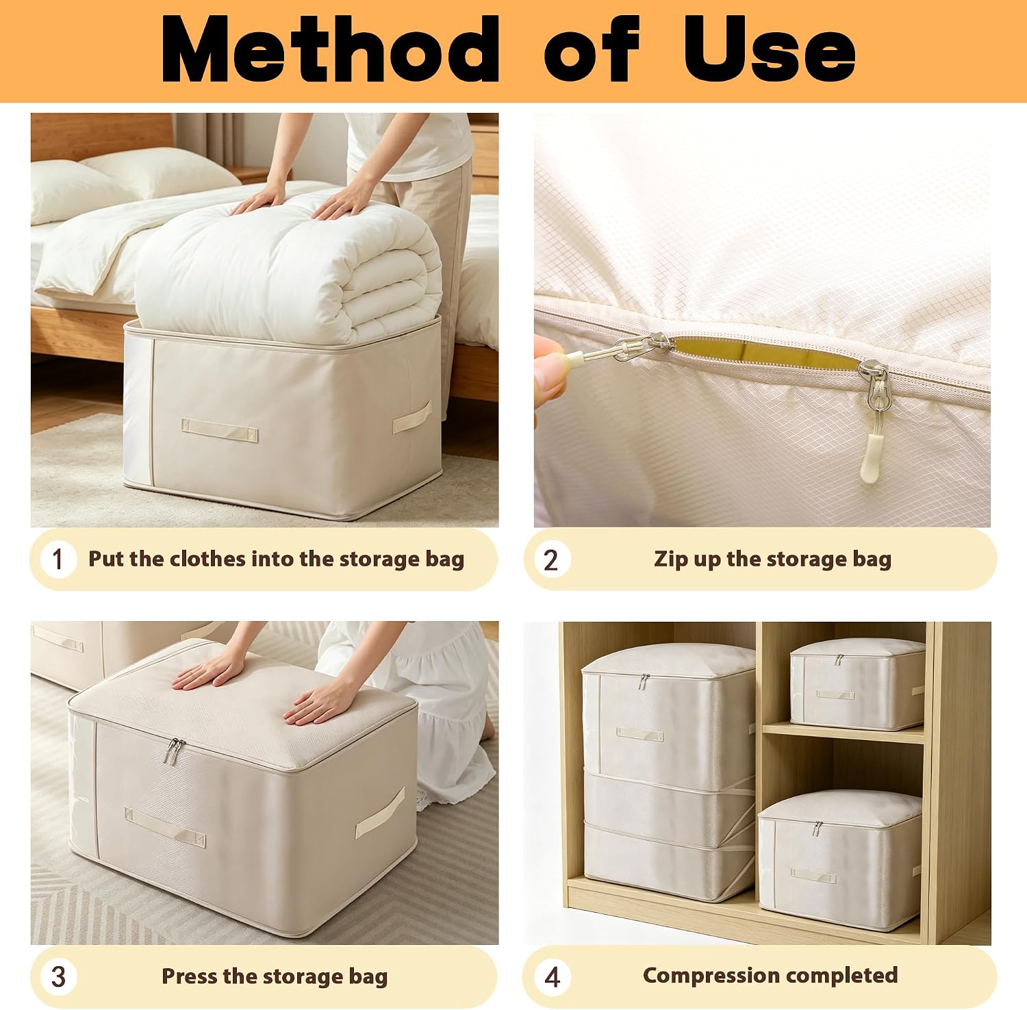 Comforter Storage Bags, 3-Layer Self Compression Organizer, Large Capacity, Machine Washable, Beige (Beige-1PCS)