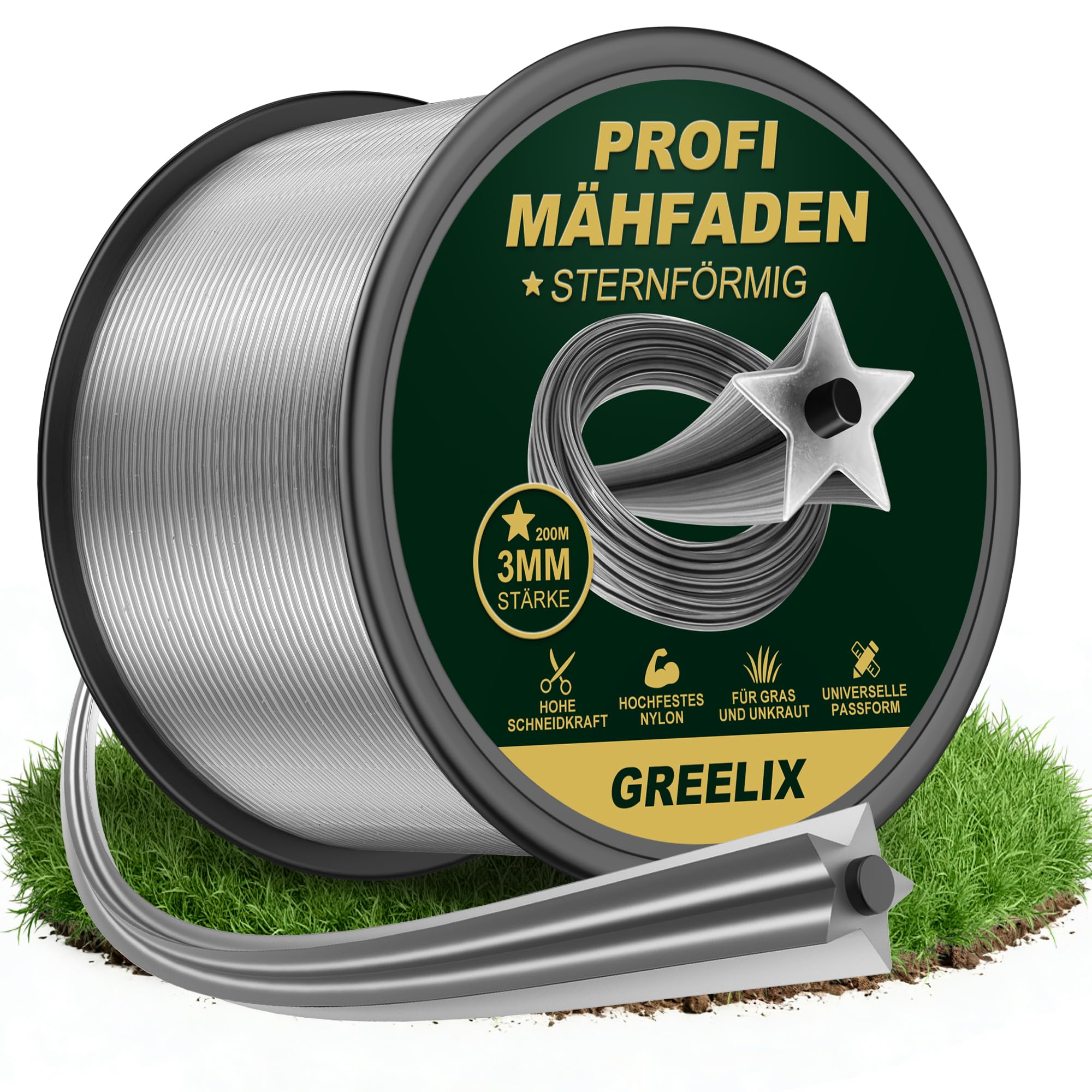 Hilo Desbrozadora 3mm x 200m – Bobina de Nailon en Forma de Estrella para Desbrozadoras y Recortadoras, Hilo Reforzado para Desbrozadoras, Corte Limpio