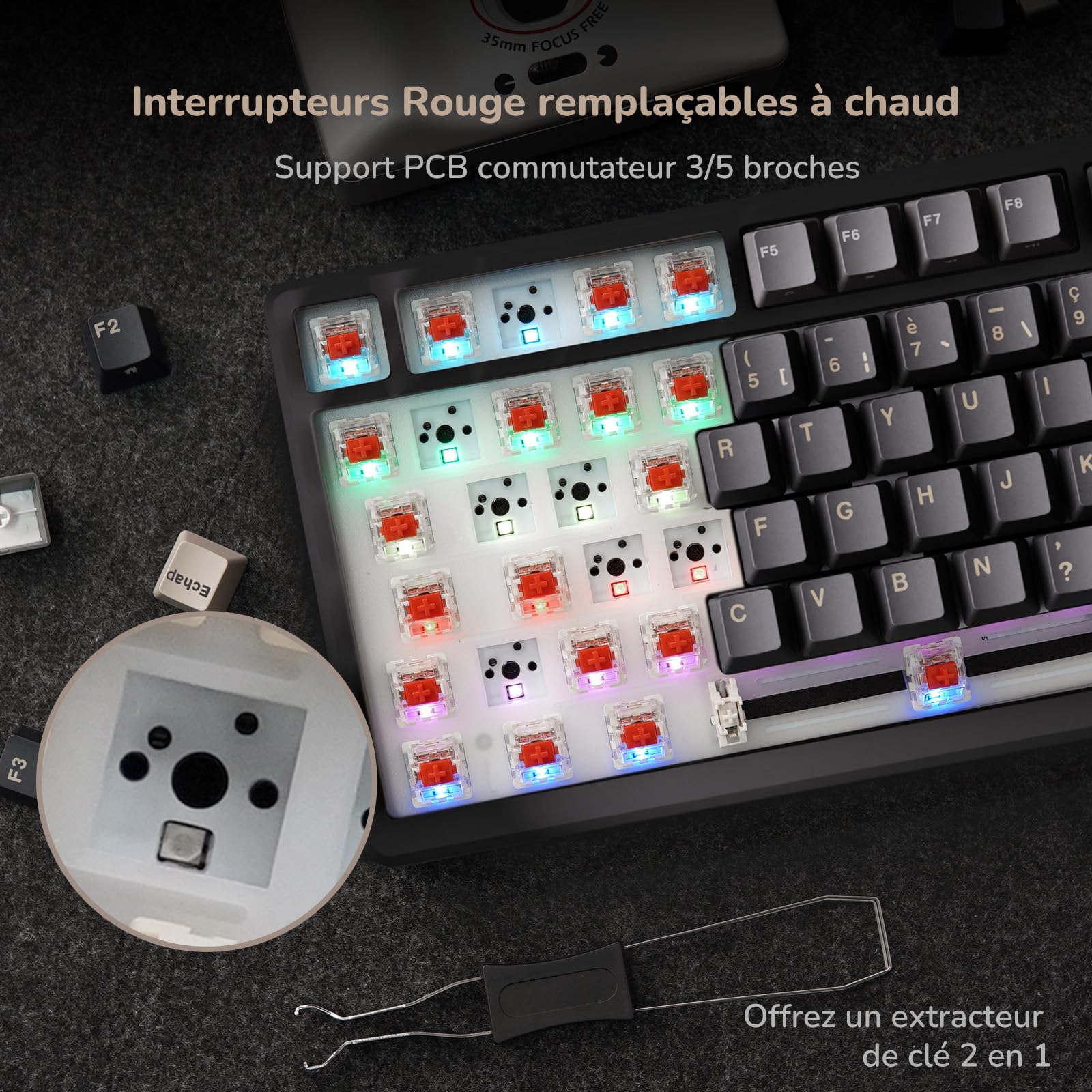 RK ROYAL KLUDGE M75 Clavier Mécanique sans Fil, Azerty BT5.0/2.4G/USB-C Compact 75% Clavier Gamer Mécanique avec écran Intelligent OLED et Bouton Rétroéclairage RVB, Interrupteur Rouge, Grey