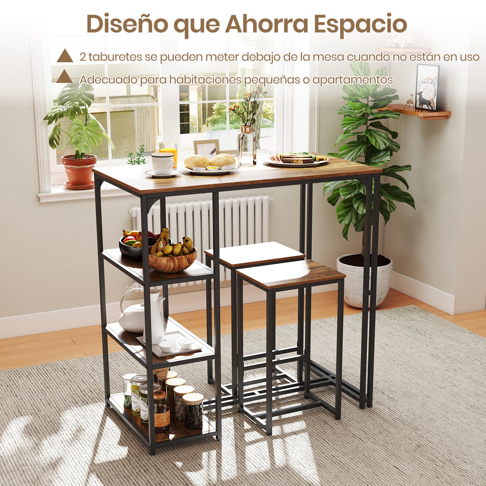 COSTWAY Juego de Mesa y Taburetes de Bar, 110x60x110 cm, Mesa Alta de Cocina con 2 Taburetes, 3 Estantes, Marco de Metal, Muebles de Bar Industrial para Cocina, Salón, Comedor, Desayuno, Marrón