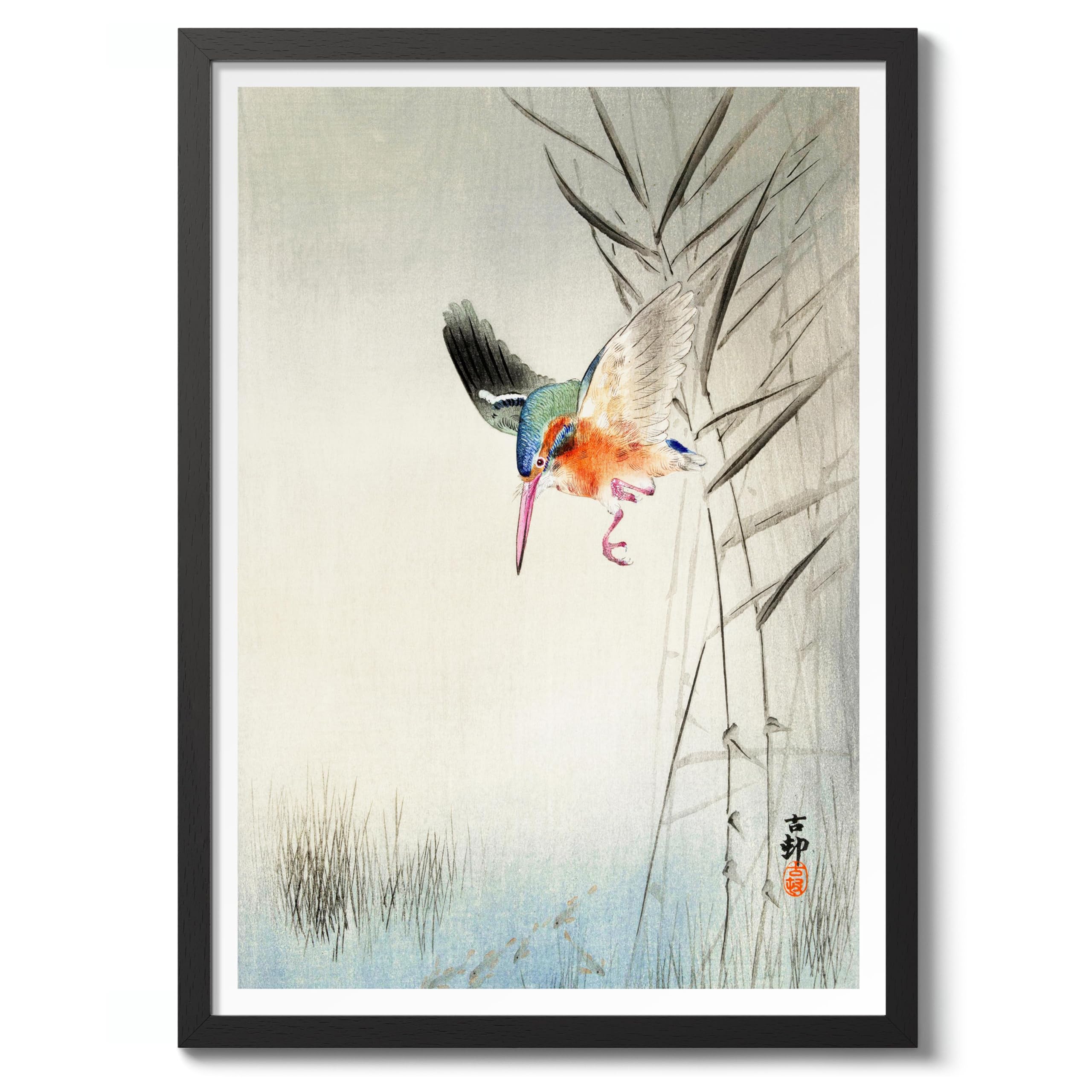 Kingfisher Hunting For Fish In The Water Ohara Koson Poster, Japanese Woodblock Ukiyo-E Print, Vintage Bird Art Picture Animal Painting Wall Art, Birds Home Decor, A1 (Black Frame) - 86.9x62.4cm