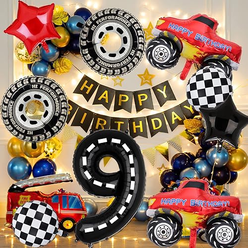 Miniatura 7 de Decoraciones de fiesta de camión monstruo, 9 globos de aluminio de cumpleaños de Monster Truck para camión monstruo de 9 cumpleaños, suministros de