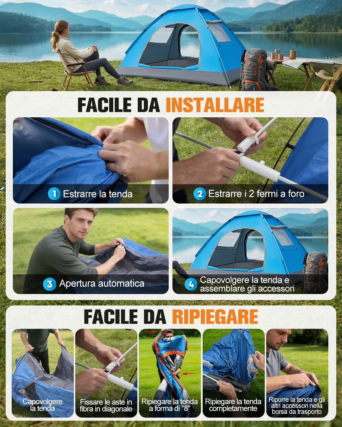 Tenda da Campeggio 2 Persone Pop Up Pieghevole, Tenda Impermeabile Leggera con Doppia Porta e Doppie Finestre, Protezione dal Sole, per Trekking, Escursionismo, Spiaggia e Outdoor